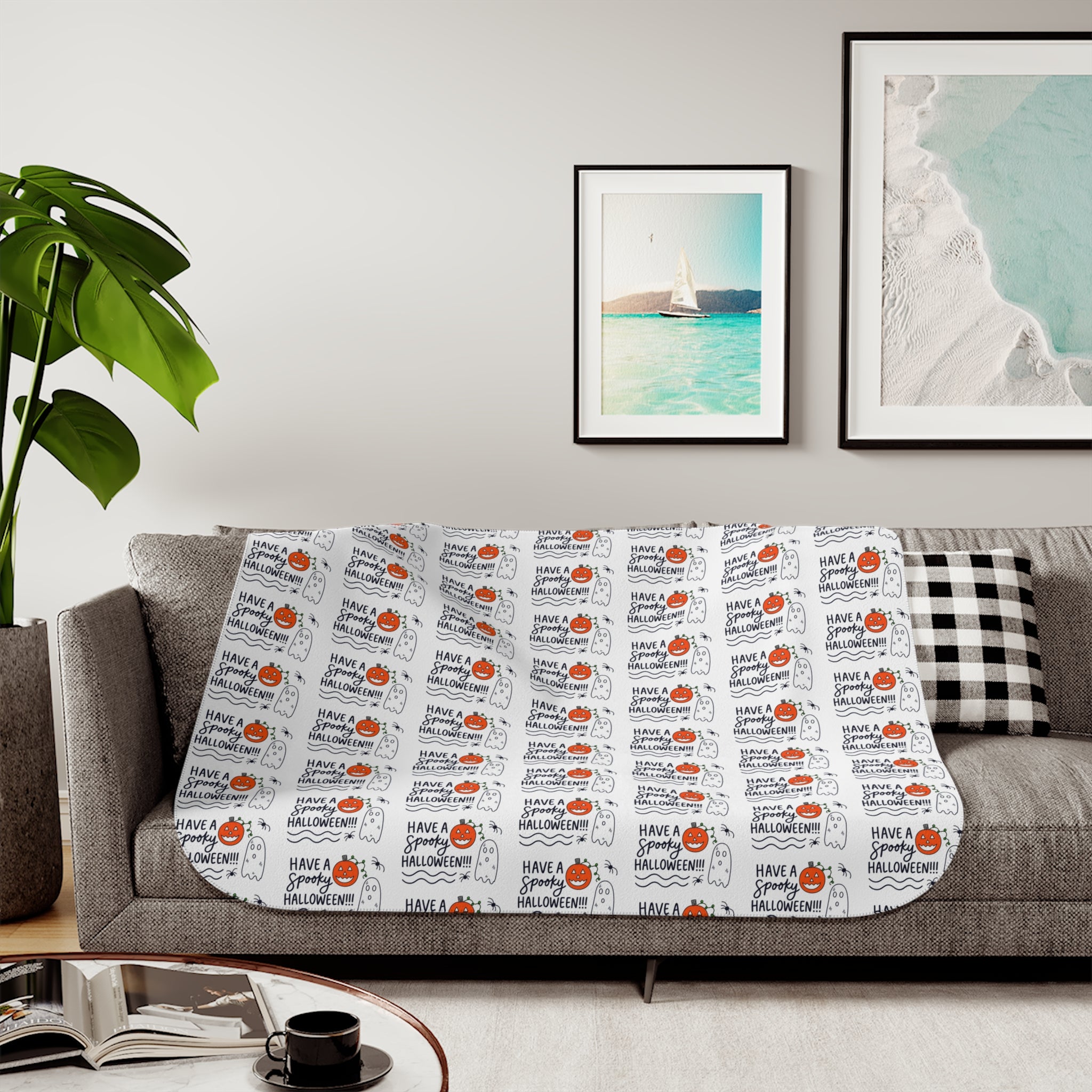 Hand-Drawn Have a Happy Halloween Sherpa Blanket | Hand-Drawn Ghosts, Spiders & Pumpkin