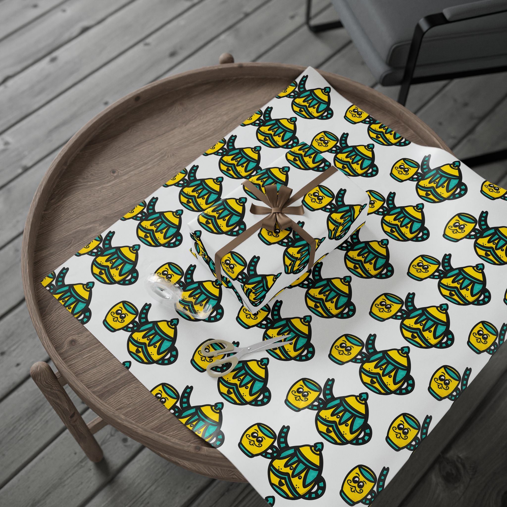 Hand-Drawn Teal and Yellow Teapot Pattern Wrapping Paper | Cute Mustache Tea Party Gift Wrap