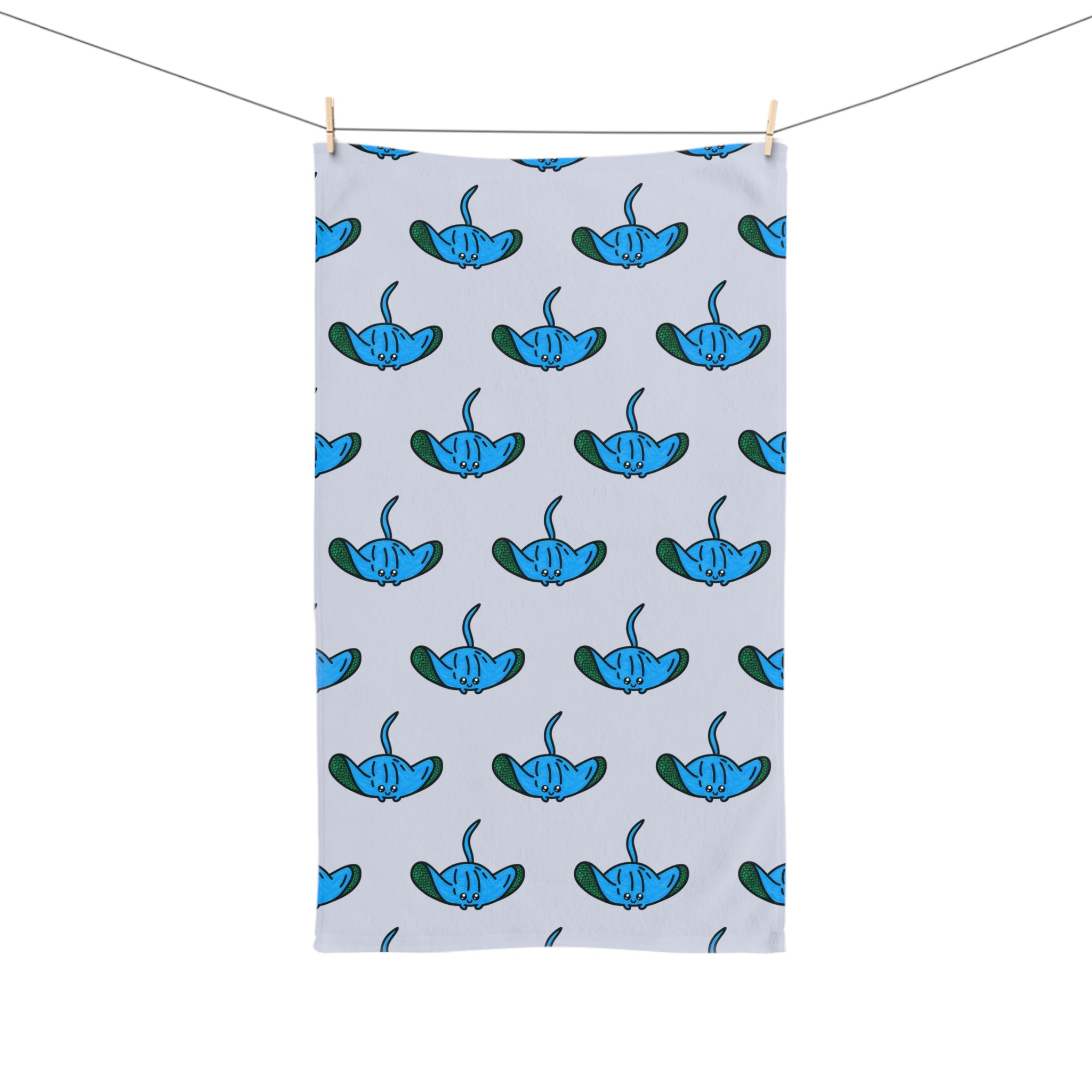 Hand-Drawn Blue Stingray Pattern Hand Towel | Ocean Marine Sea Life Print