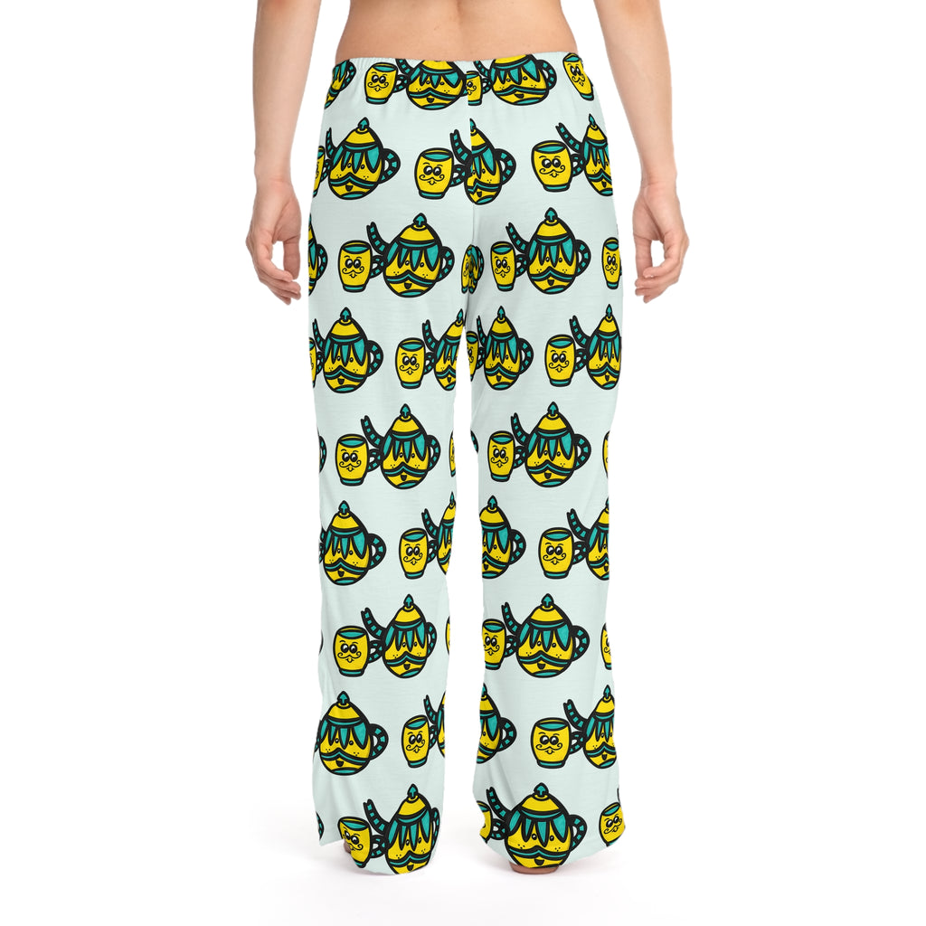 Hand-Drawn Yellow and Teal Mustache Teapot and Cup Pattern Pajama Pants | Cute All-Over Print