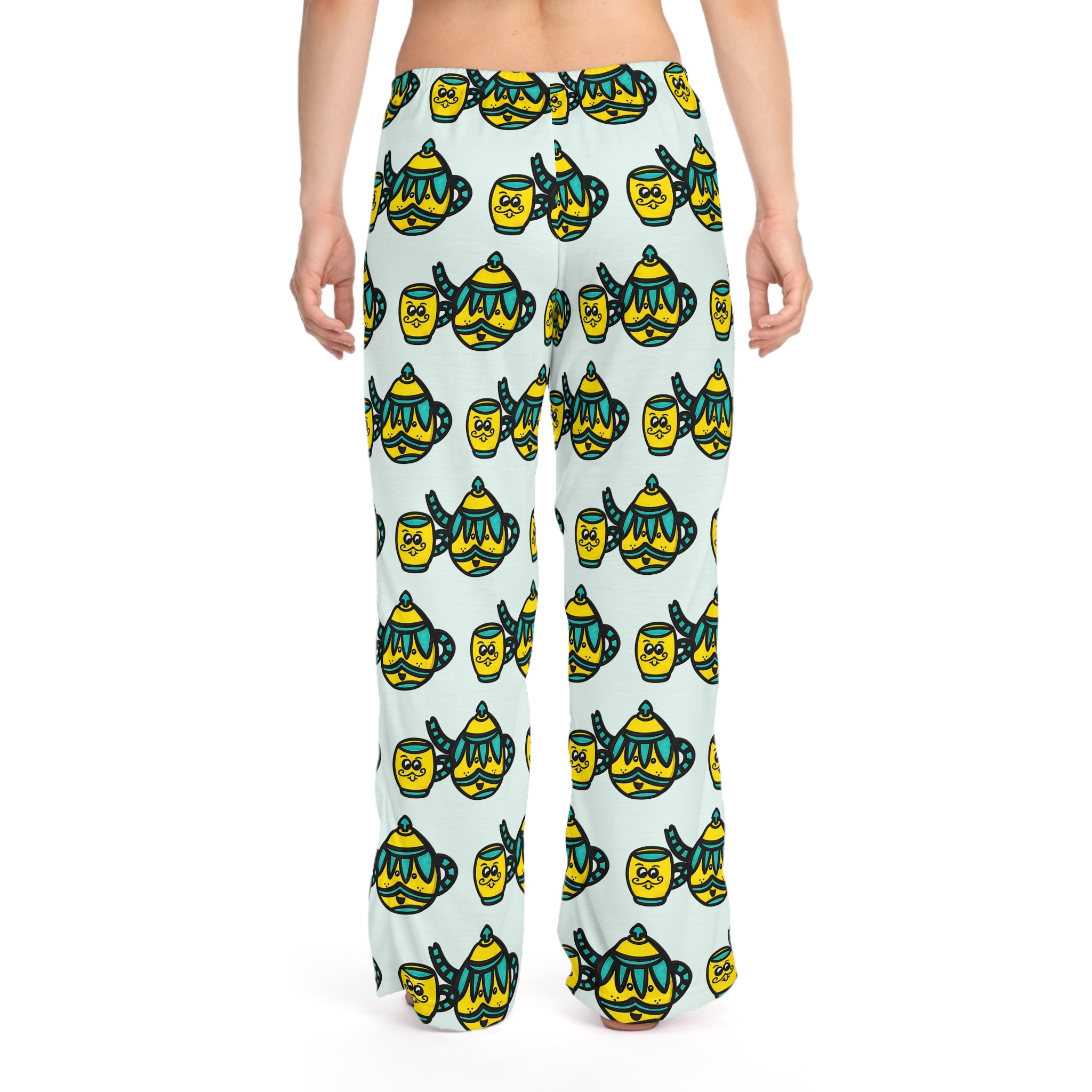 Hand-Drawn Yellow and Teal Mustache Teapot and Cup Pattern Pajama Pants | Cute All-Over Print
