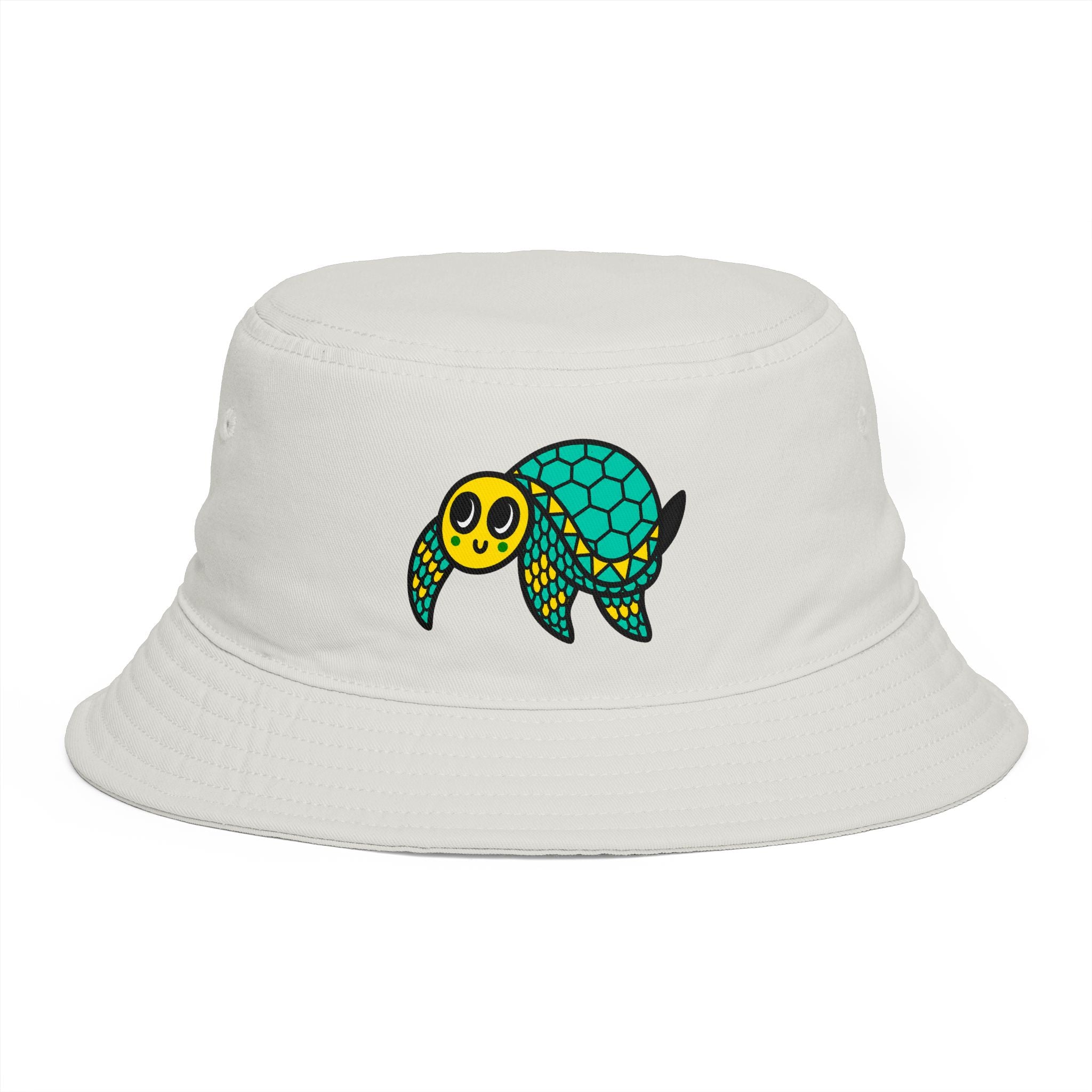 Hand-Drawn Cute Sea Turtle Bucket Hat | Cartoon Turtle, Teal & Yellow