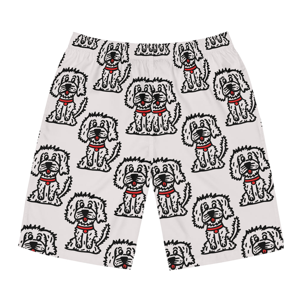 Hand-Drawn Cute Fluffy Cartoon Dog with Red Collar Pattern Men's Board Shorts | All-Over Print