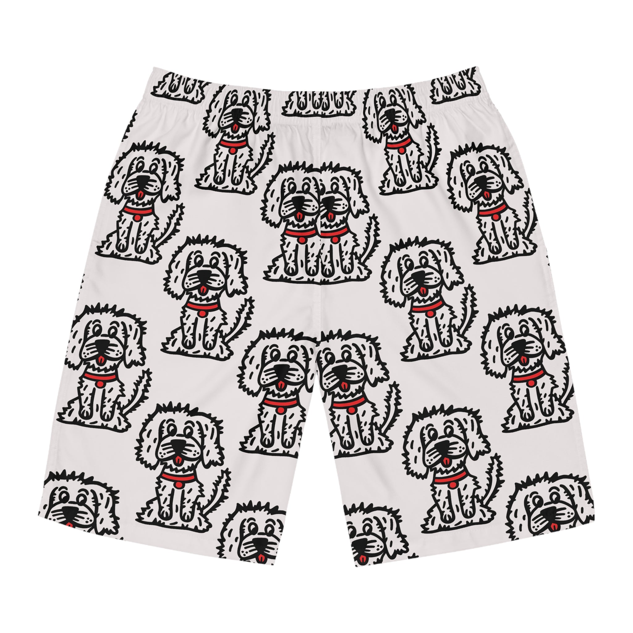Hand-Drawn Cute Fluffy Cartoon Dog with Red Collar Pattern Men's Board Shorts | All-Over Print