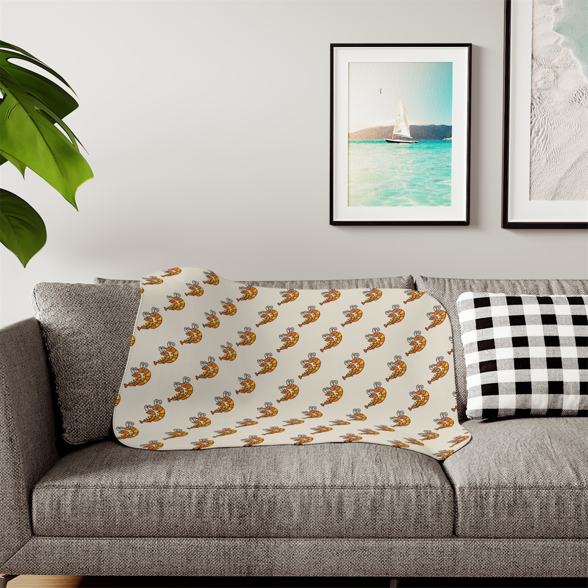 Hand-Drawn Orange Shrimp Duo Pattern Sherpa Blanket | Cozy Ocean Themed Throw