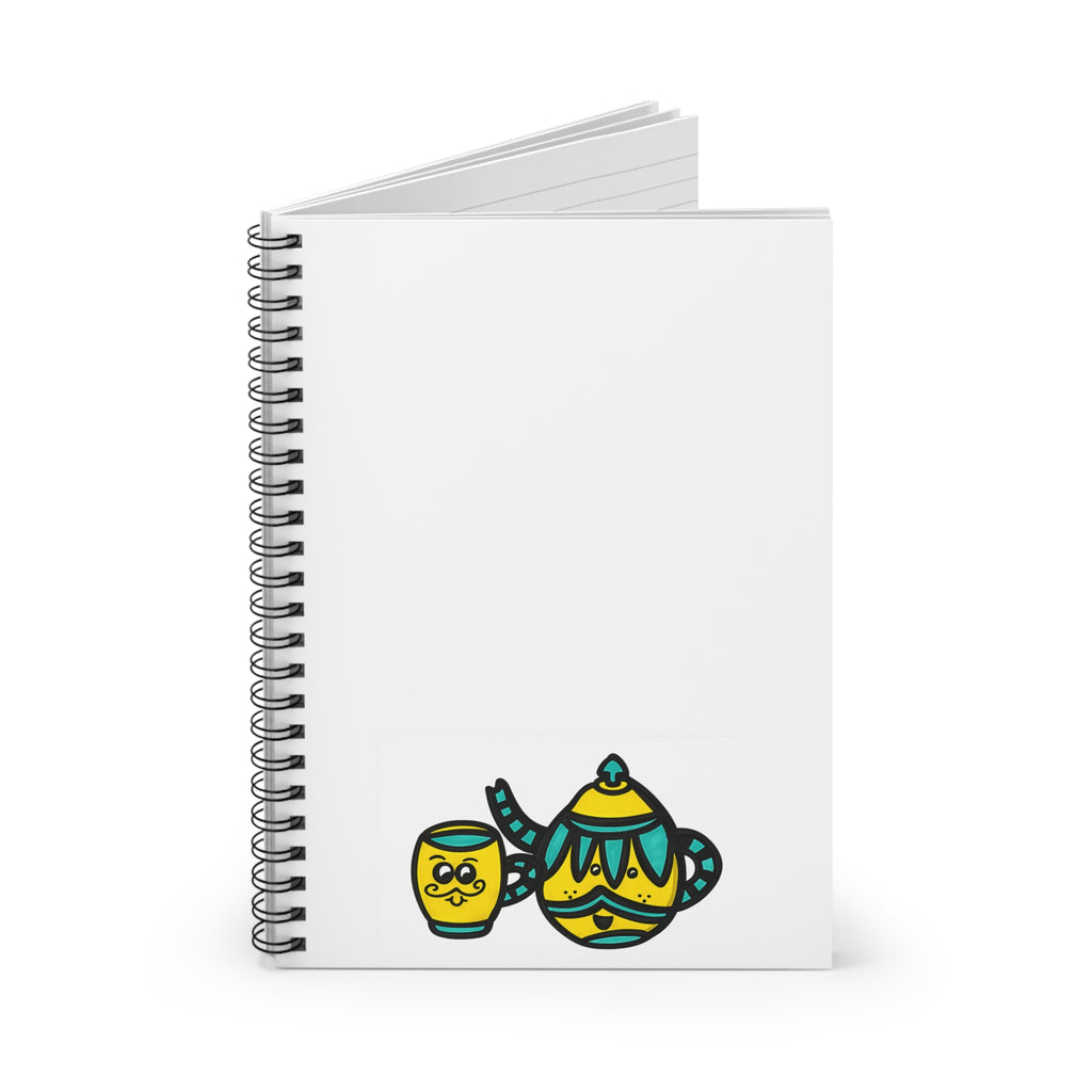 Hand-Drawn Yellow and Teal Cute and Charming Mustache Teapot and Cup Spiral Notebook | Ruled Journal