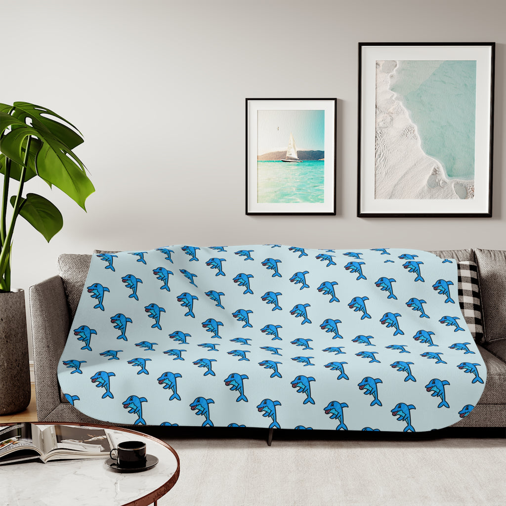 Hand-Drawn Blue Dolphin Pattern Sherpa Blanket | Ocean Animal Kids Throw