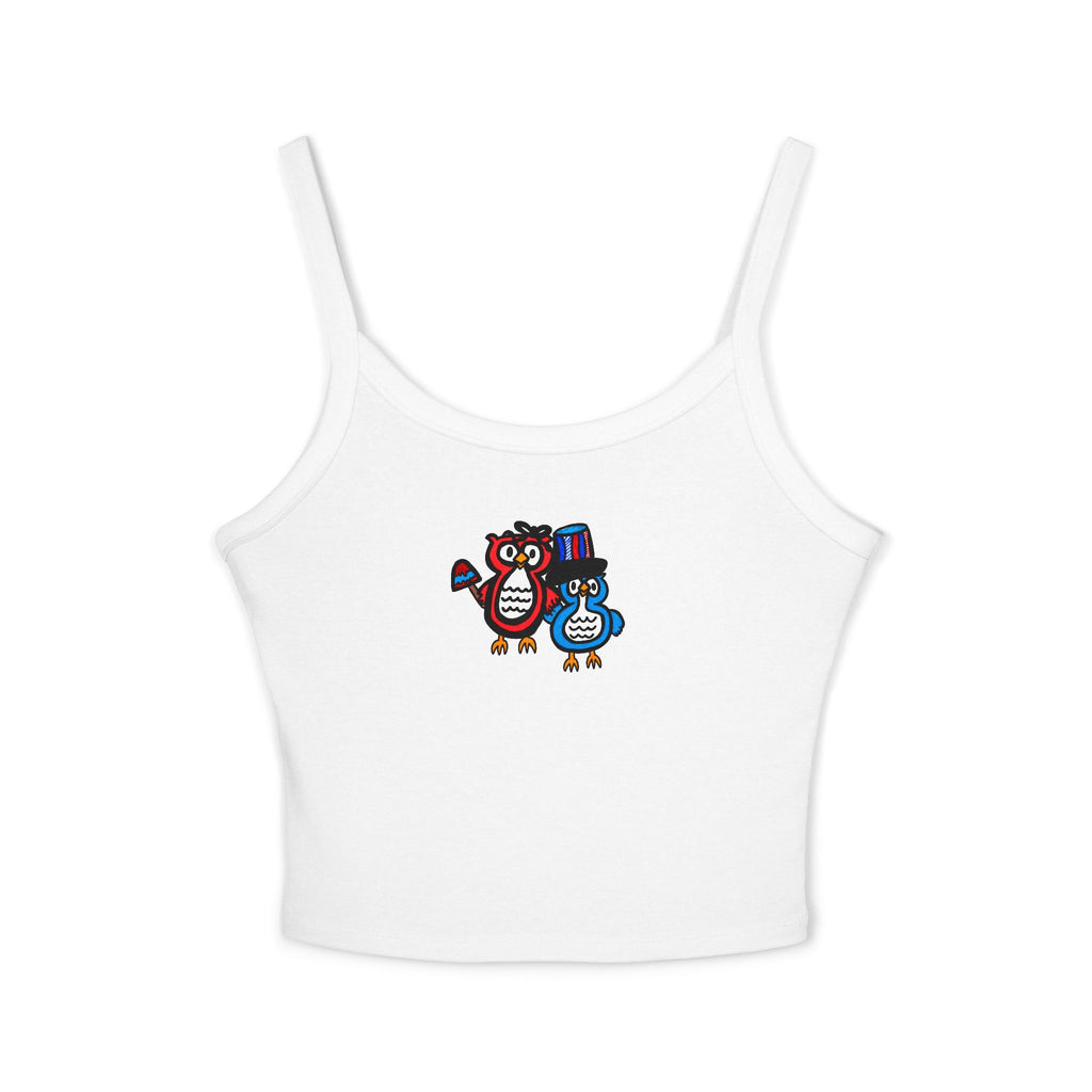 Hand-Drawn Whimsical Patriotic Owl Duo Spaghetti Strap Tank Top | Red, White, and Blue, Patriotic Owl Animal Art | Fourth of July