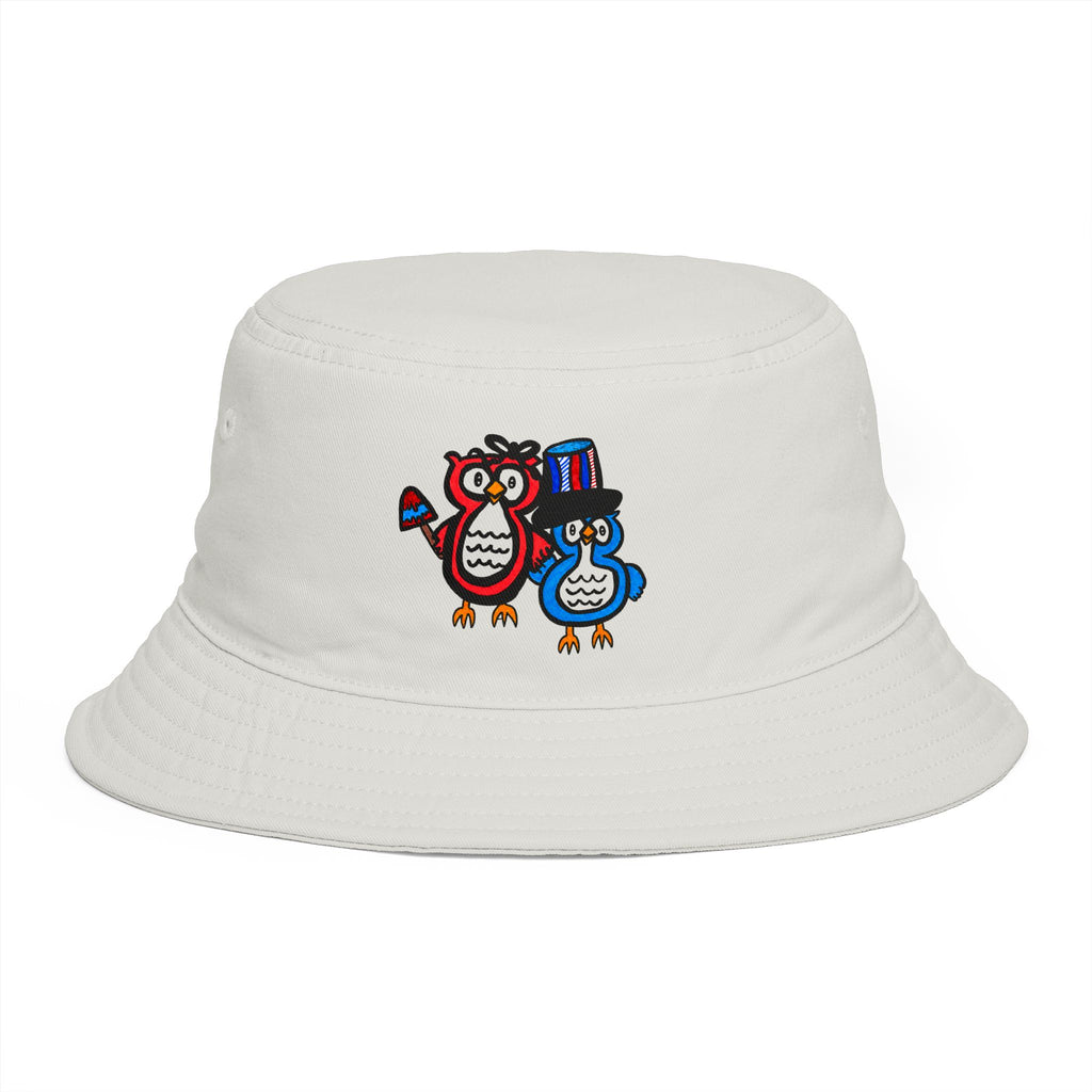 Hand-Drawn Patriotic Owls Bucket Hat | USA Flag Top Hat