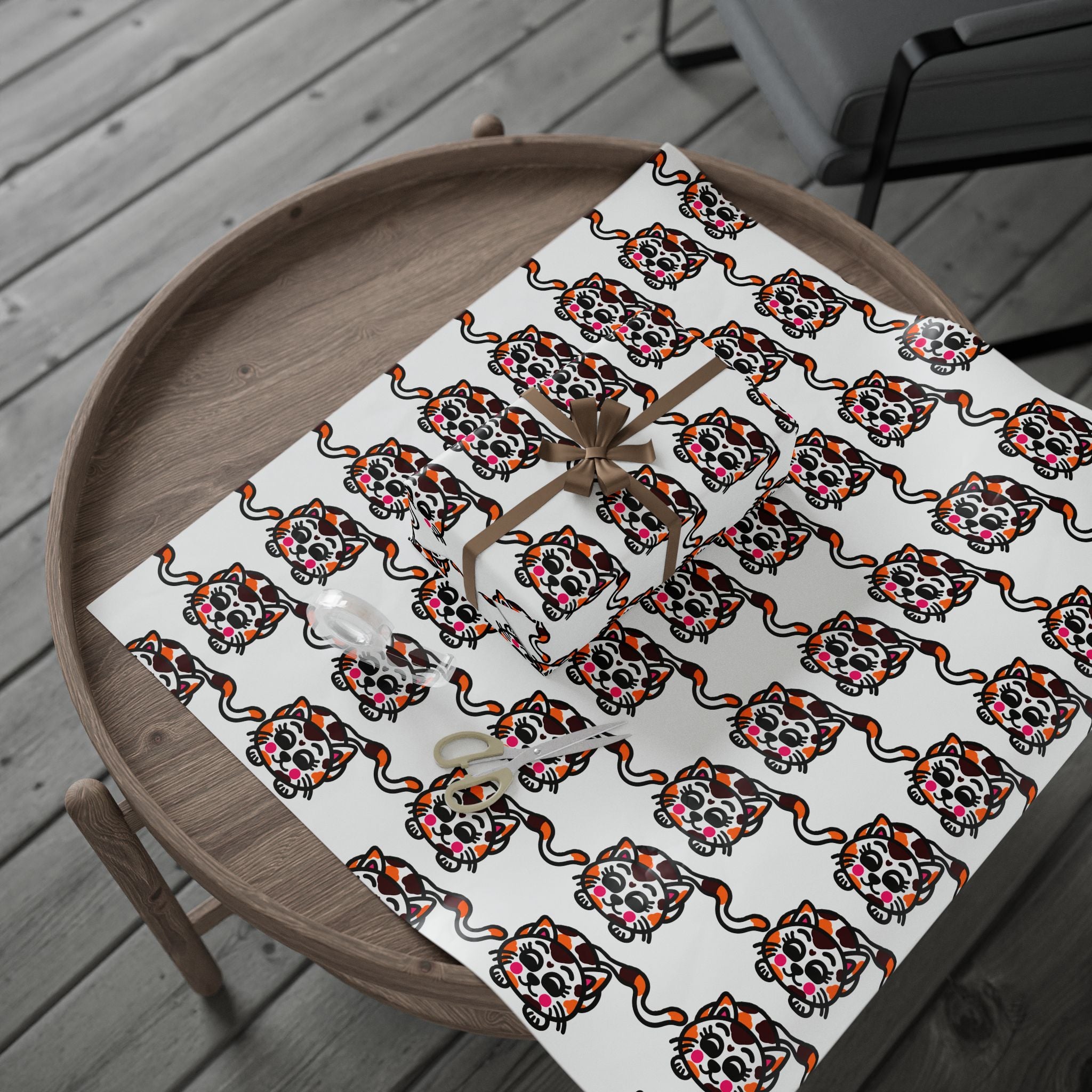 Hand-Drawn Calico Cat Pattern Wrapping Paper | Cute Animal Gift Wrap