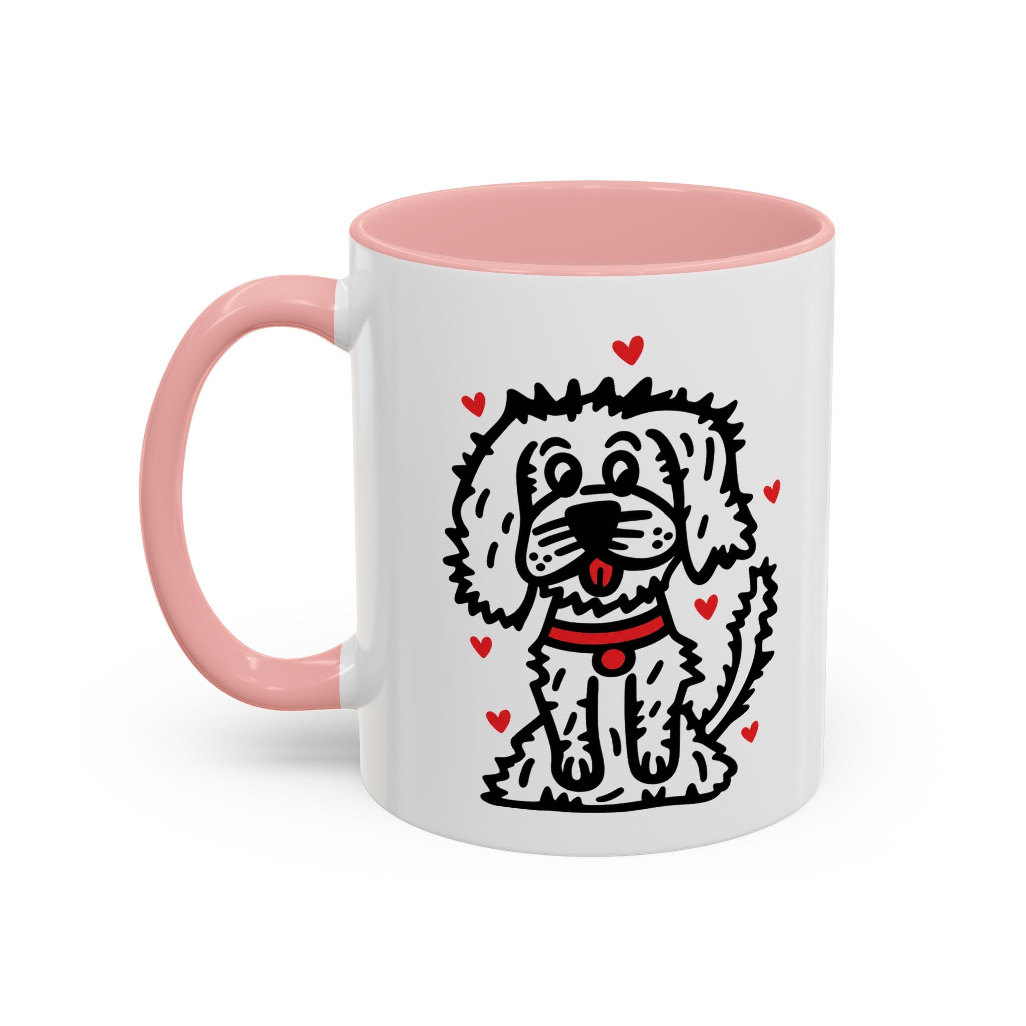 Hand-Drawn Fluffy Dog Red Collar Accent Coffee Mug | White Dog Illustration