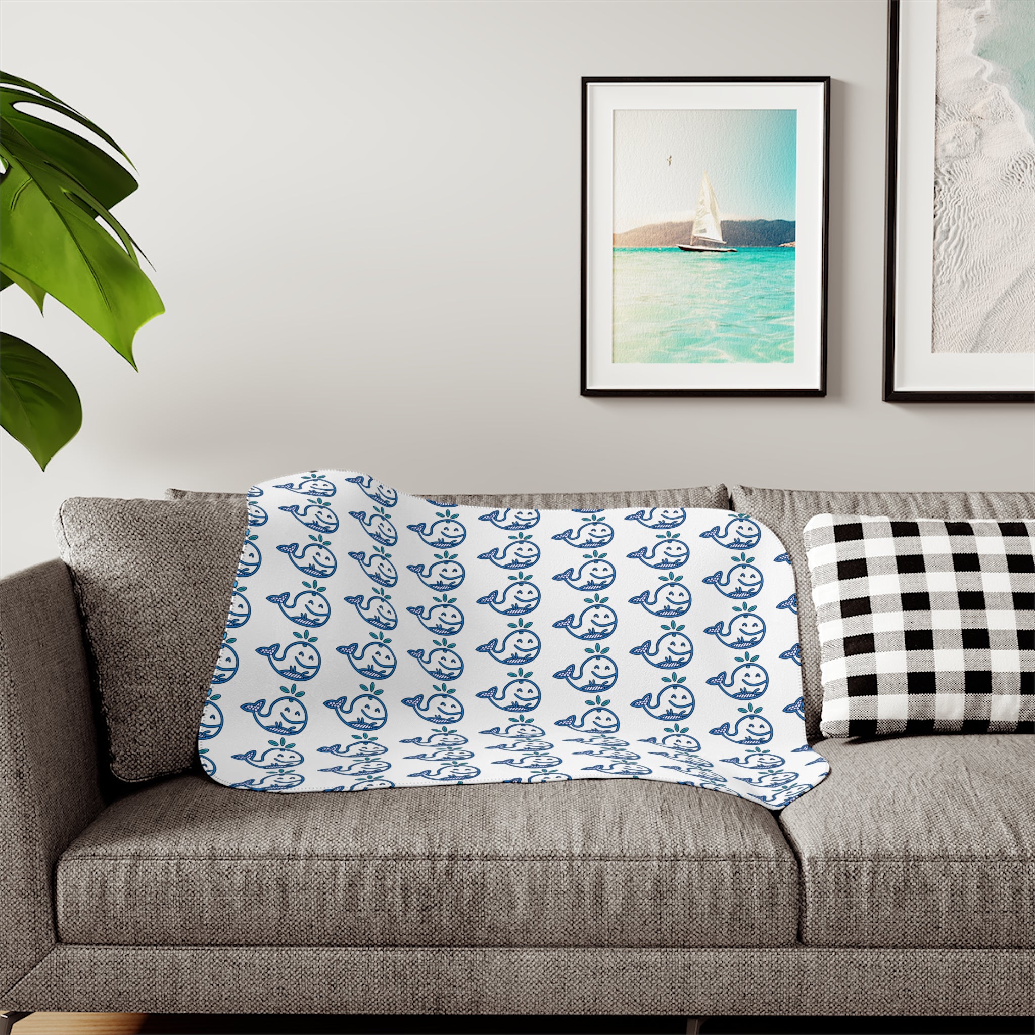 Hand-Drawn Blue Nautical Whale Pattern Sherpa Blanket | Cozy Ocean, Beach house Animal Throw