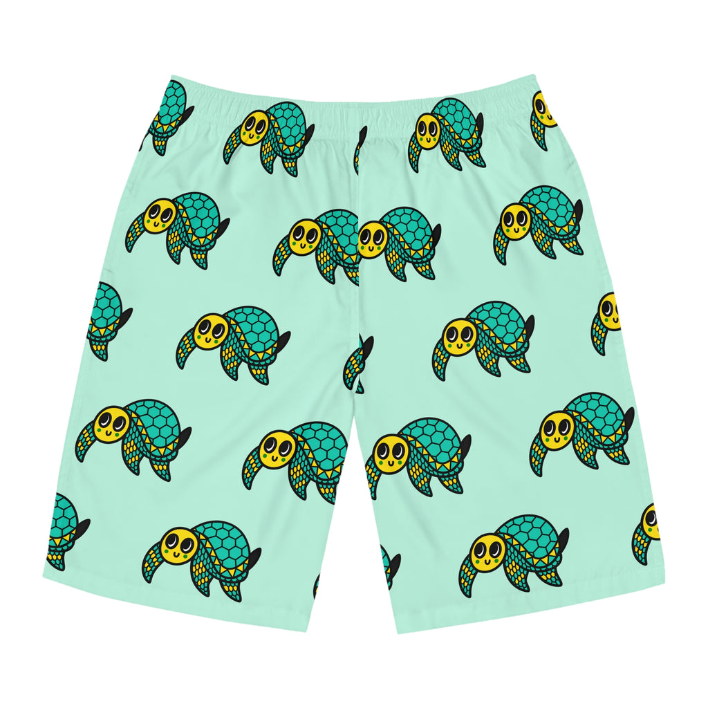 Hand-Drawn Smiling Sea Turtle Pattern Board Shorts | Aqua All-Over Print