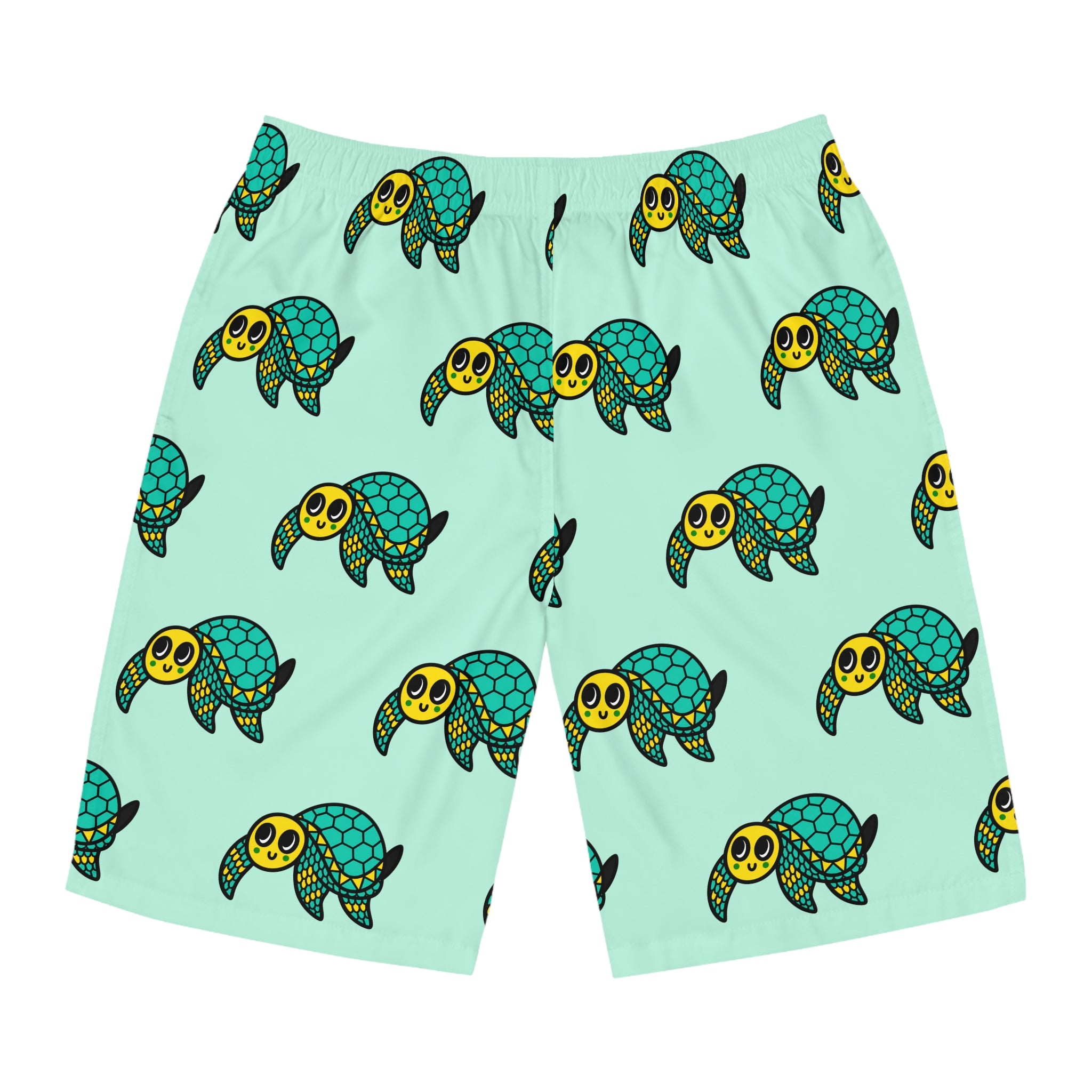 Hand-Drawn Smiling Sea Turtle Pattern Board Shorts | Aqua All-Over Print