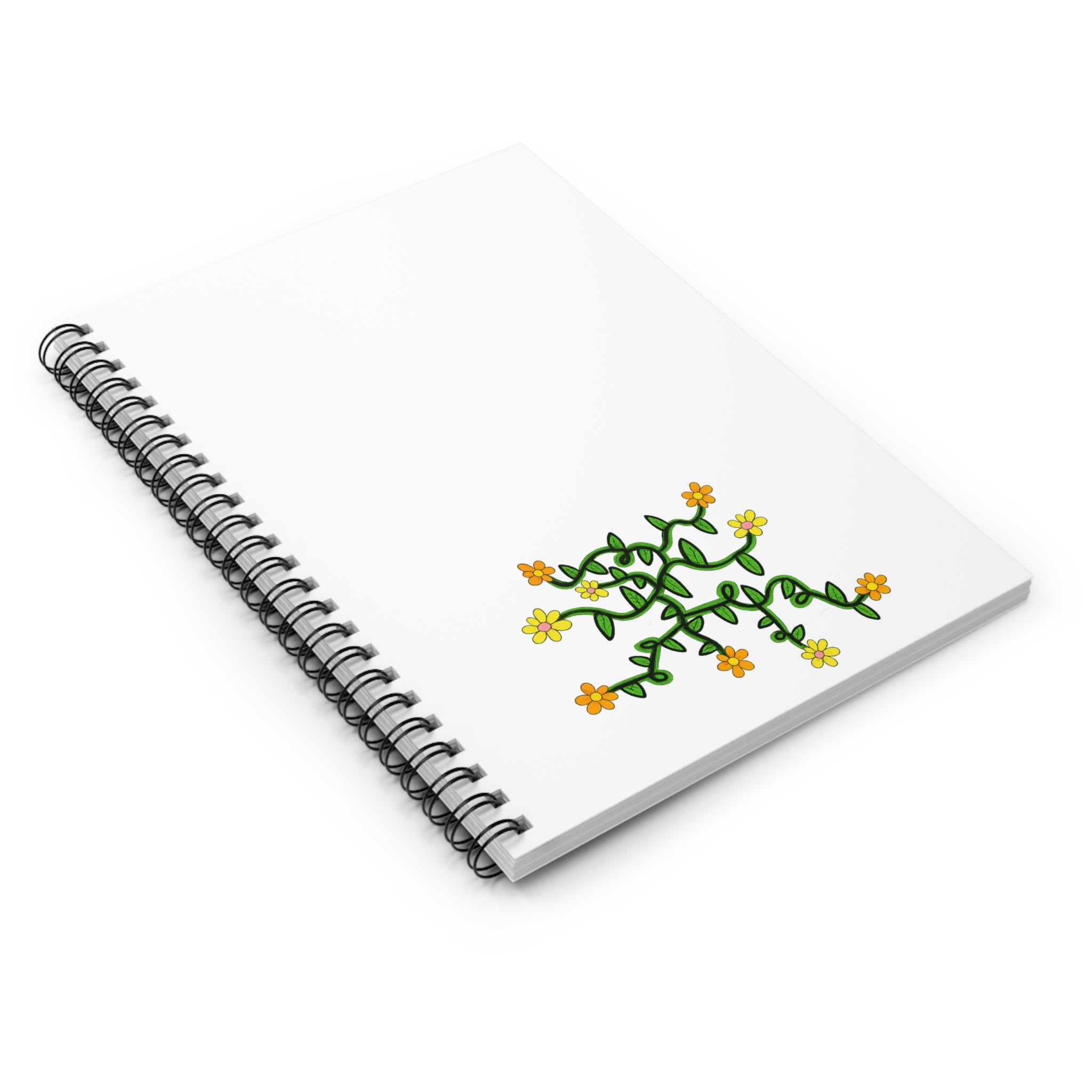 Hand-Drawn Yellow Orange and Pink Flower Vine Notebook | Spiral Ruled Journal