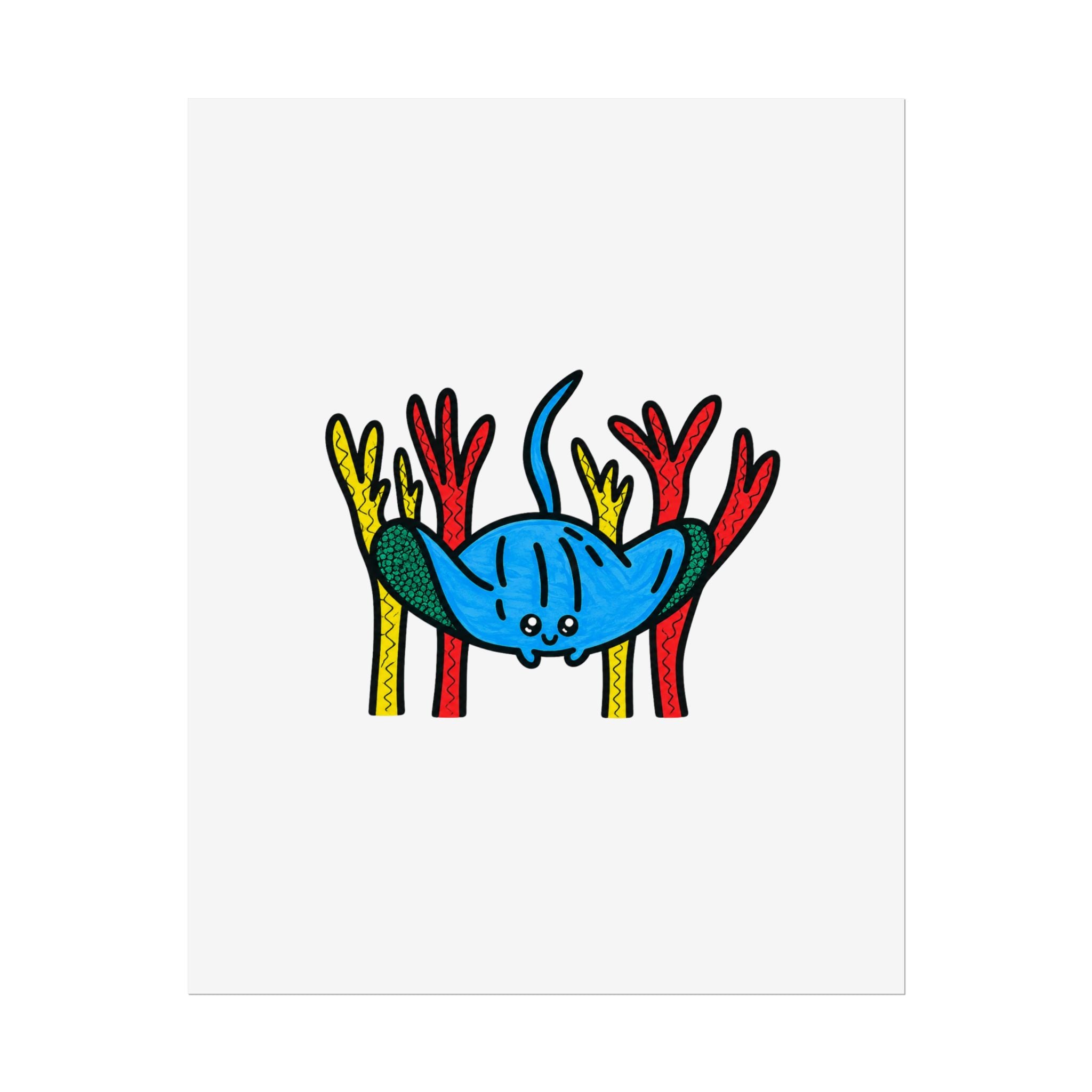 Hand-Drawn Blue Stingray Illustration Rolled Poster | Cute Ocean Animal Art