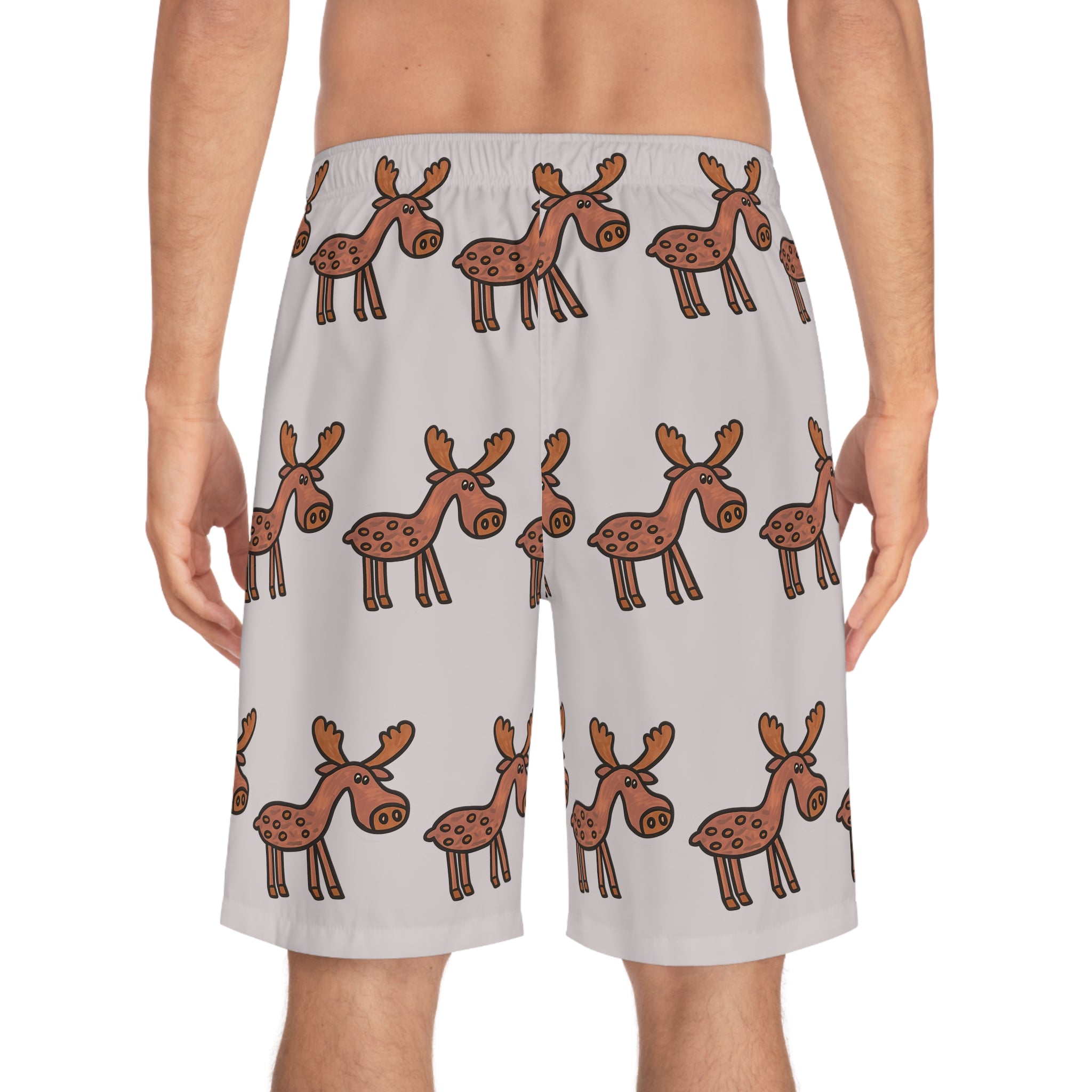 Hand-Drawn Cartoon Moose Pattern Board Shorts | Men's Swim Trunks, All-Over Print