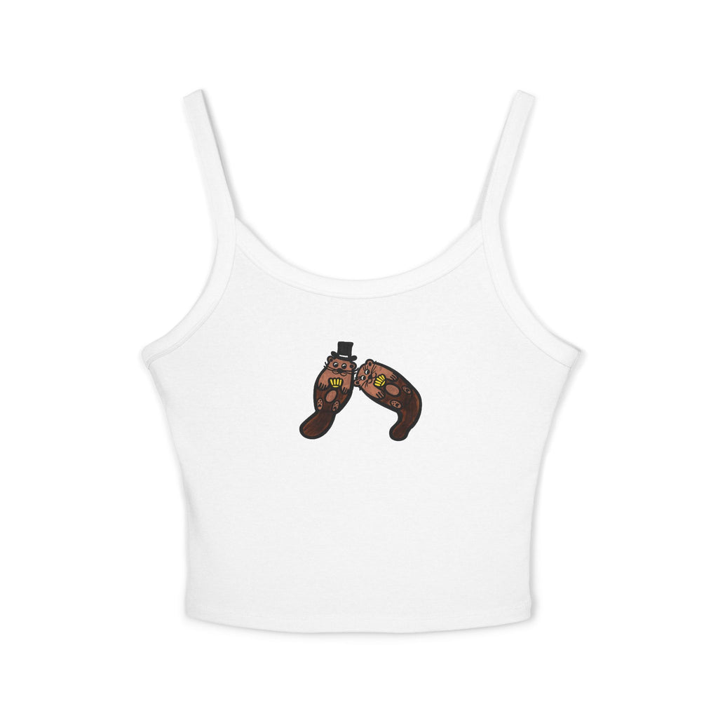 Hand-Drawn Otter Duo Holding Yellow Seashell Spaghetti Strap Tank Top | Animal Lovers Art, Fitted Comfort