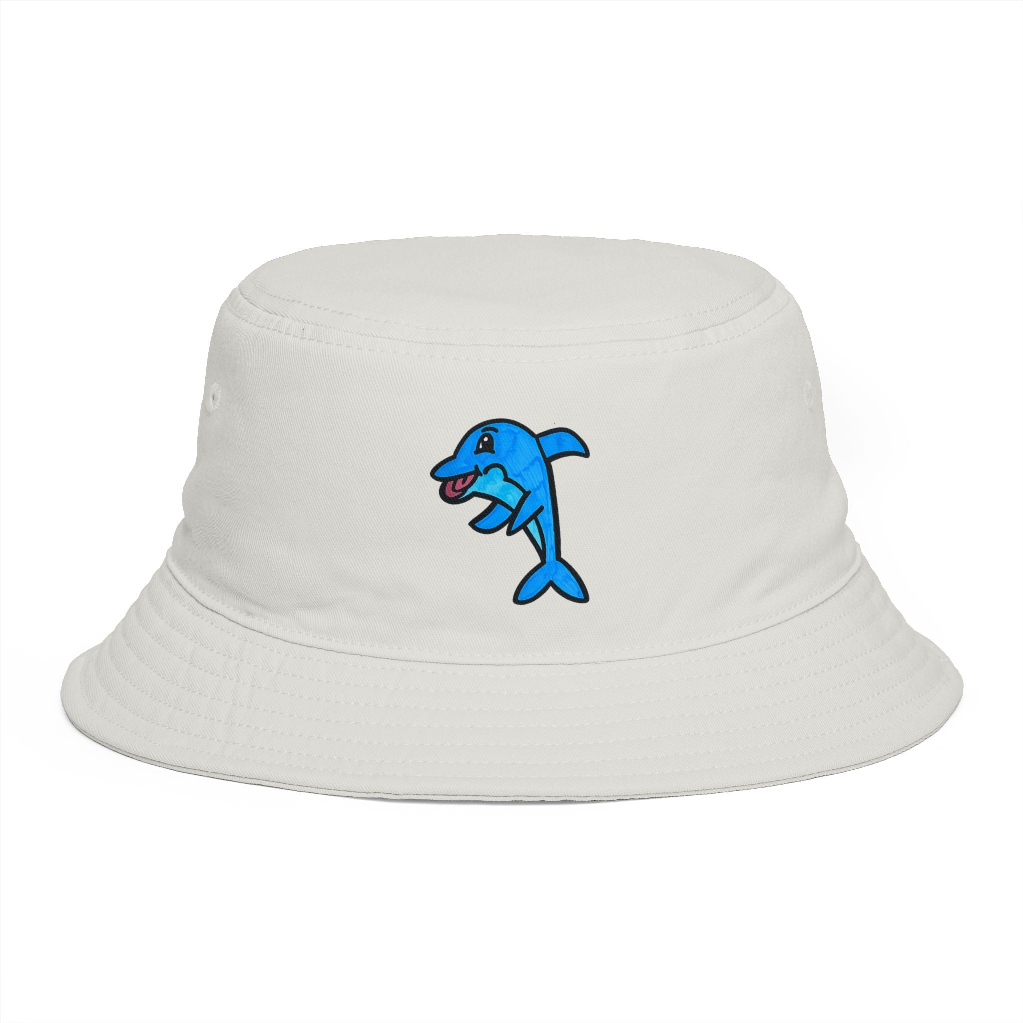Hand-Drawn Playful Blue Dolphin Bucket Hat | Whimsical Ocean Animal Cap
