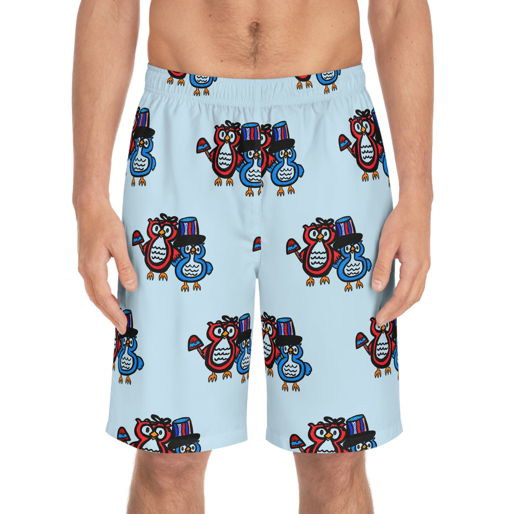 Hand-Drawn Cartoon Patriotic Owl Pattern Men's Board Shorts | All-Over Print