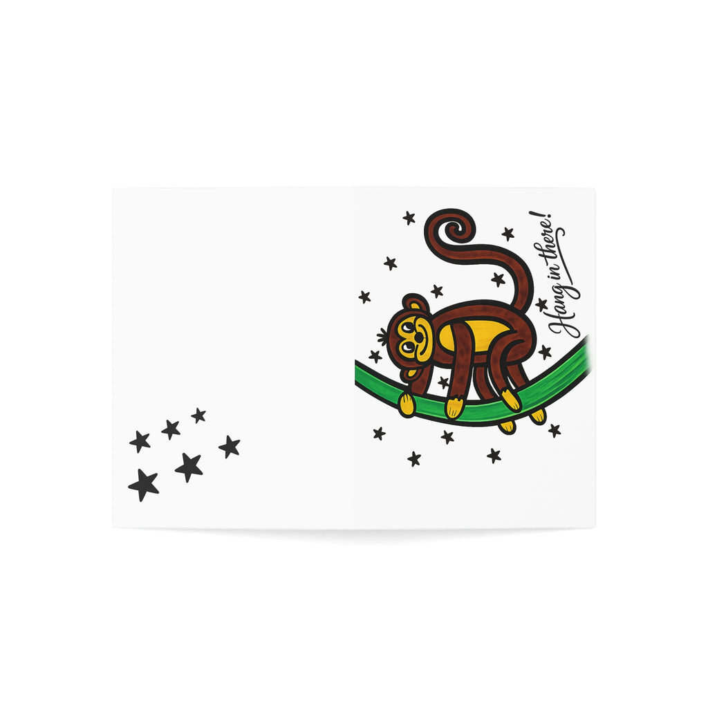 Hand-Drawn Brown Monkey Hanging on Branch Greeting Cards | "Hang in There" Encouragement