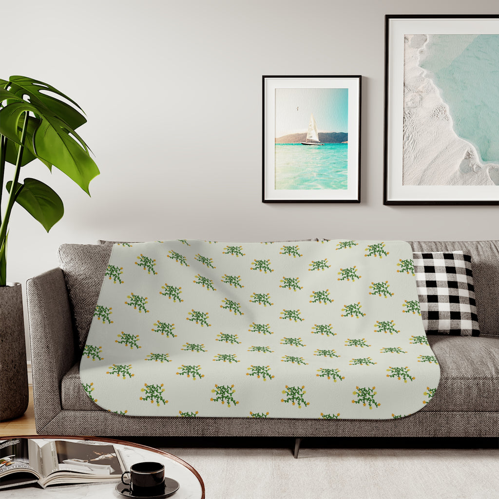 Hand-Drawn Green Vine with Flowers Sherpa Blanket | Tropical Botanical Throw
