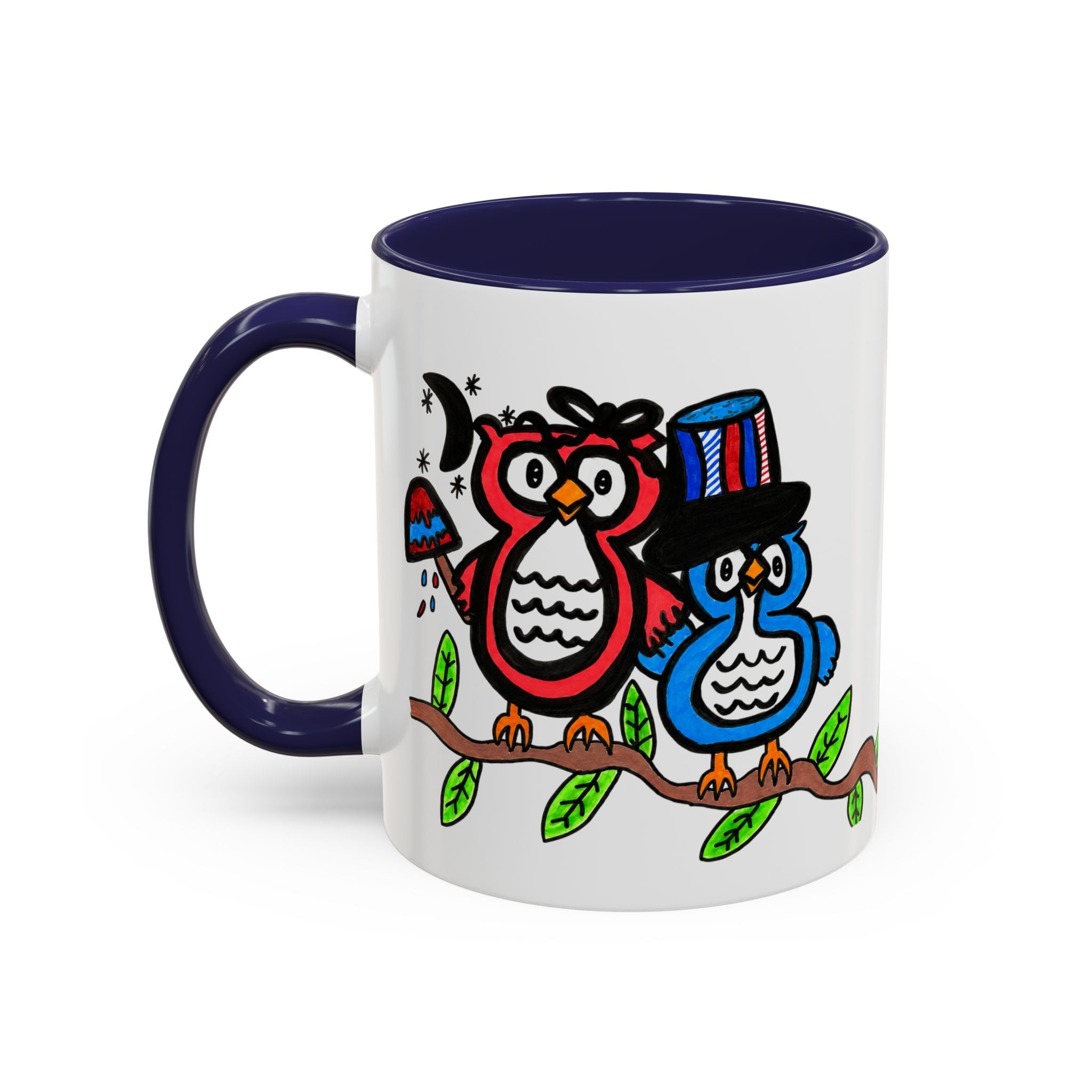 Hand-Drawn Patriotic Owls on a Branch Mug | Accent Coffee Mug 11oz 15oz