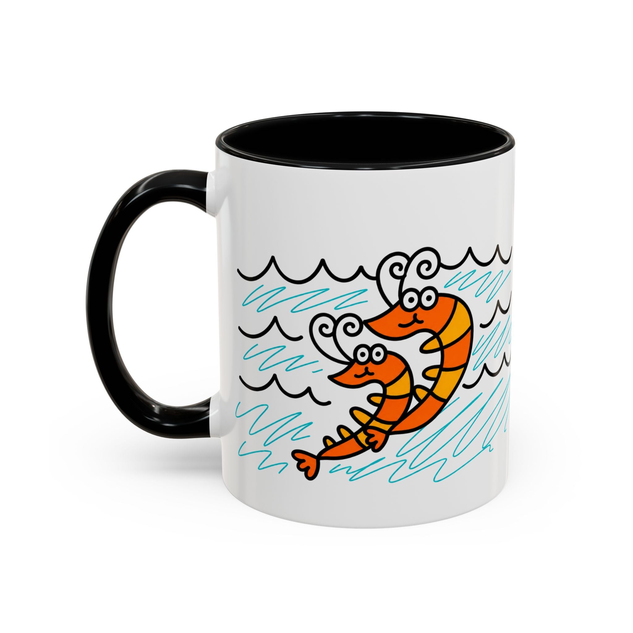 Hand-Drawn Two Shrimp Ocean Waves Mug | Coastal Seafood Ceramic Coffee Mug