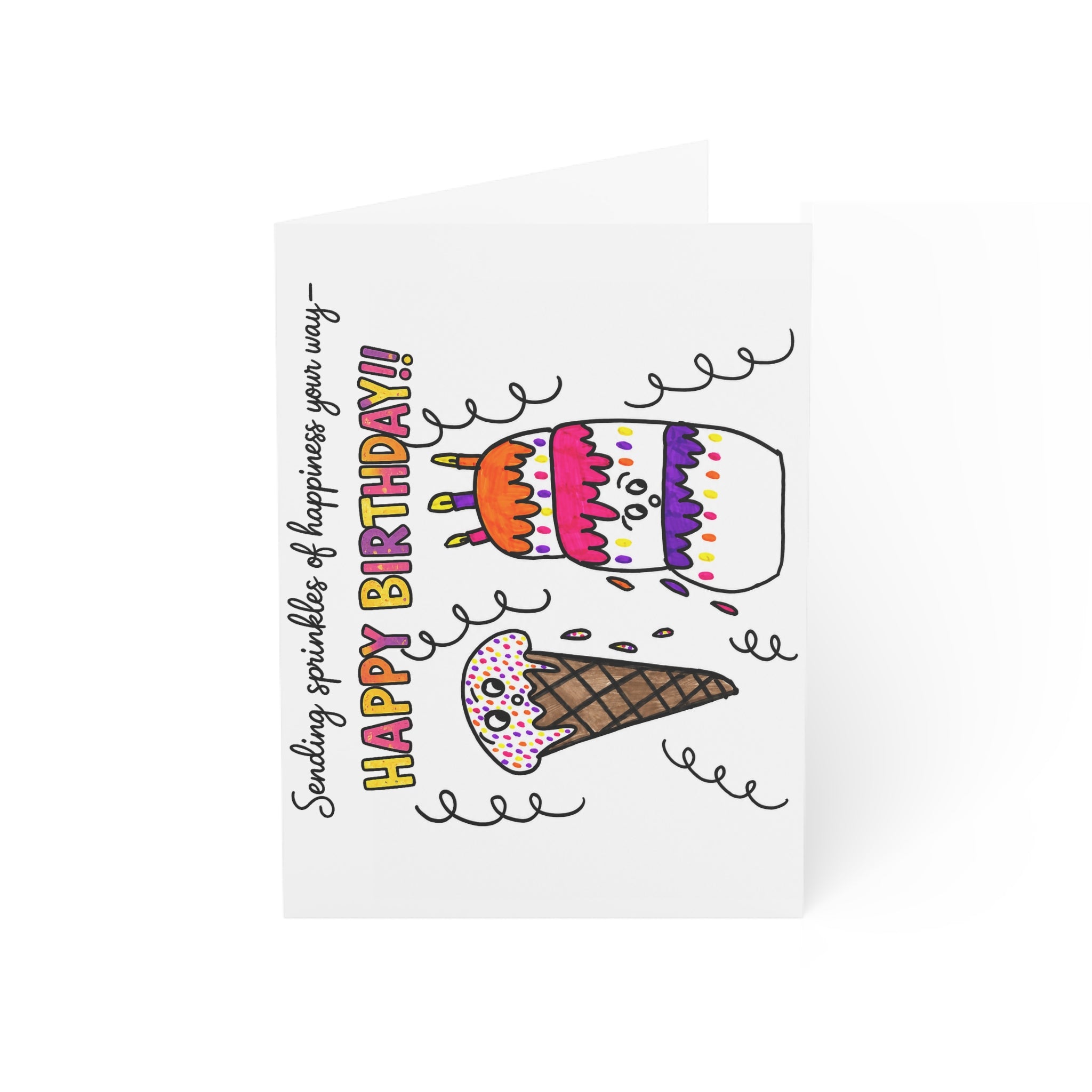 Cute Ice Cream Birthday Card, Hand Drawn Happy Birthday Card, Whimsical Dessert Greeting Card, Funny Cake Card for Friend