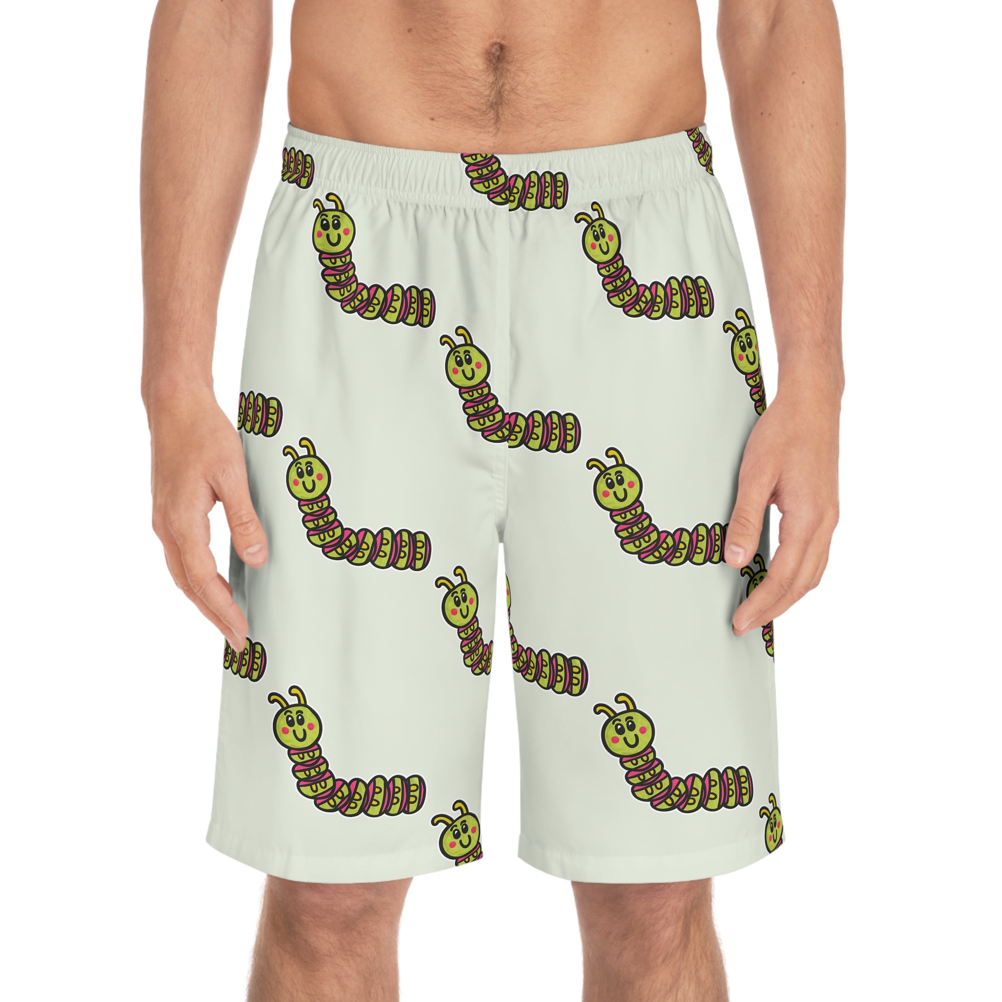 Hand-Drawn Cute Cartoon Caterpillar Board Shorts | All-Over Print Swim Trunks