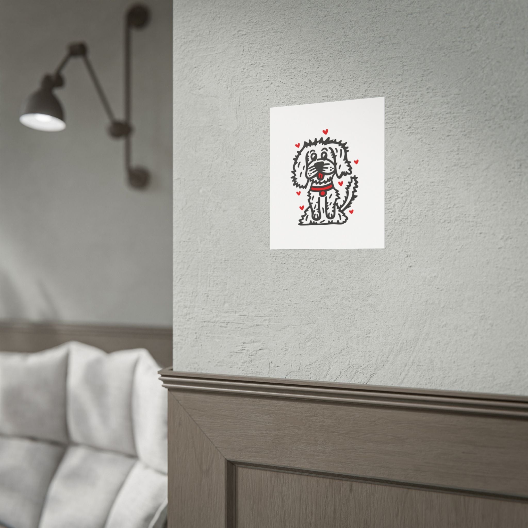 Hand-Drawn Cute Fluffy White Dog with Hearts Rolled Poster | Cute Dog Wall Art