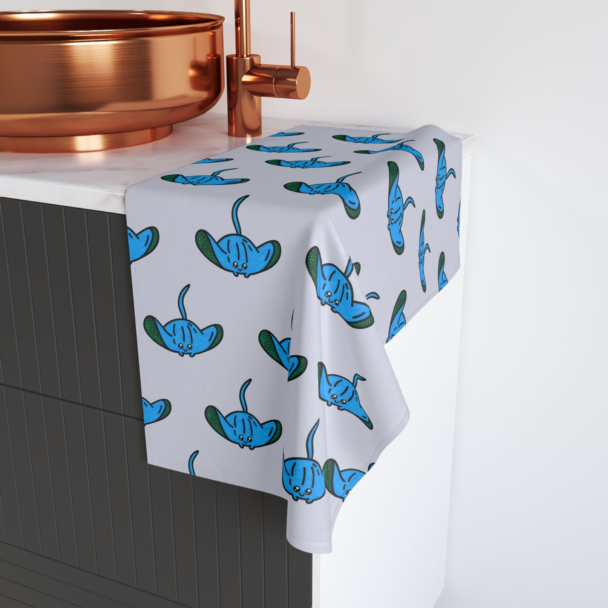 Hand-Drawn Blue Stingray Pattern Hand Towel | Ocean Marine Sea Life Print
