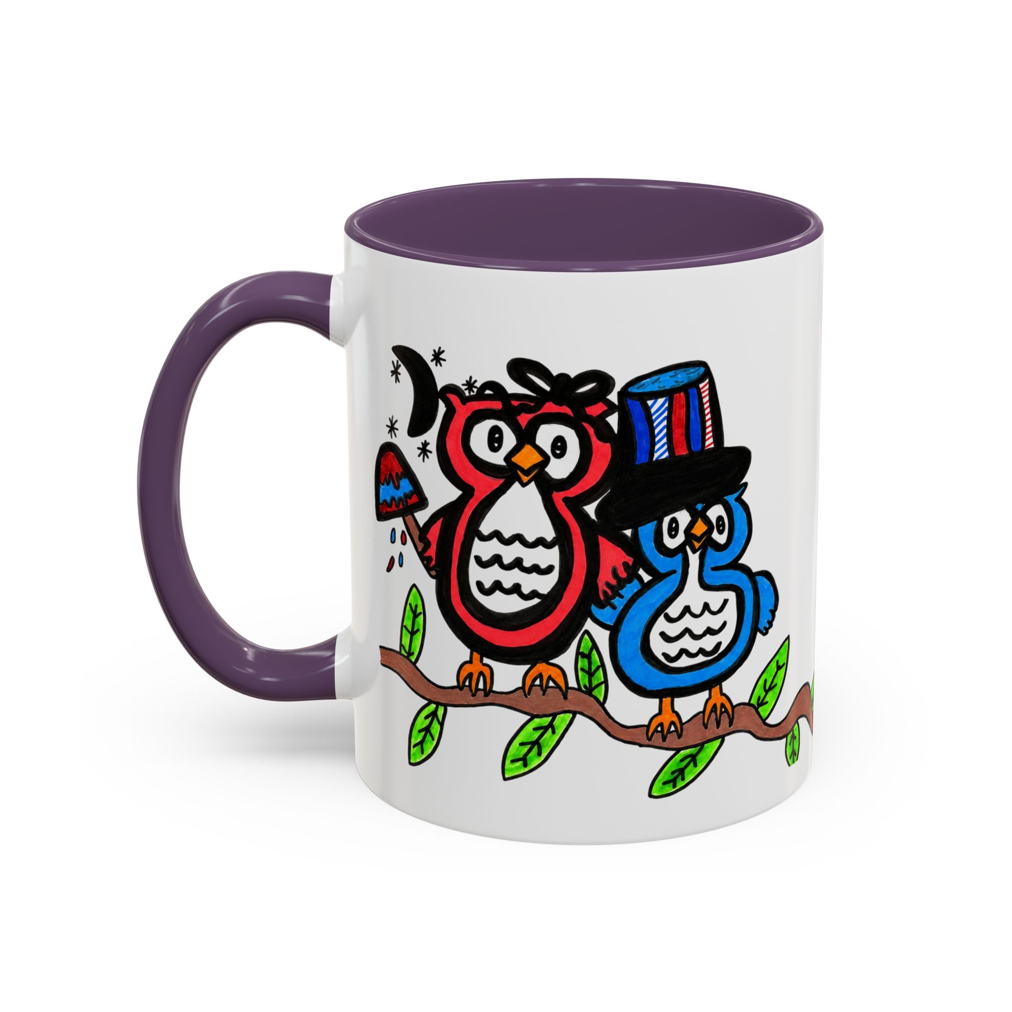 Hand-Drawn Patriotic Owls on a Branch Mug | Accent Coffee Mug 11oz 15oz