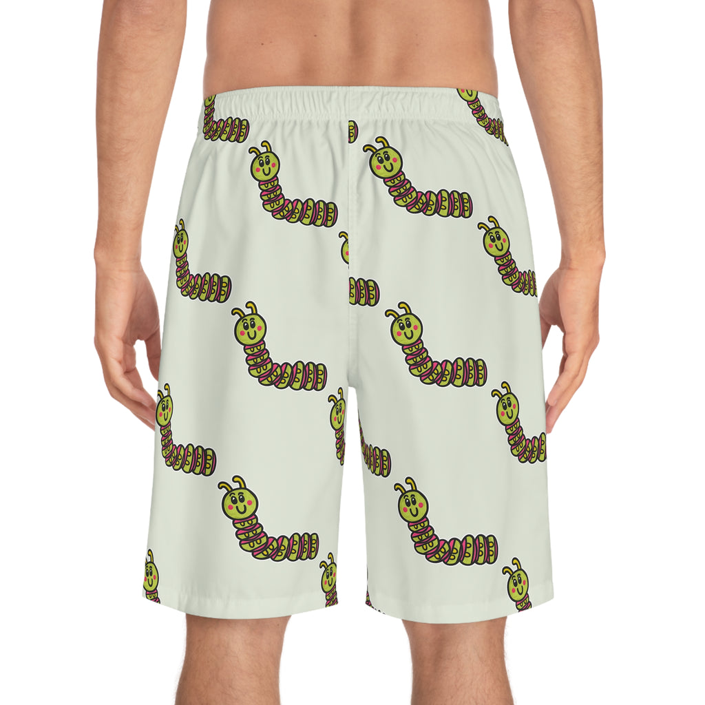 Hand-Drawn Cute Cartoon Caterpillar Board Shorts | All-Over Print Swim Trunks