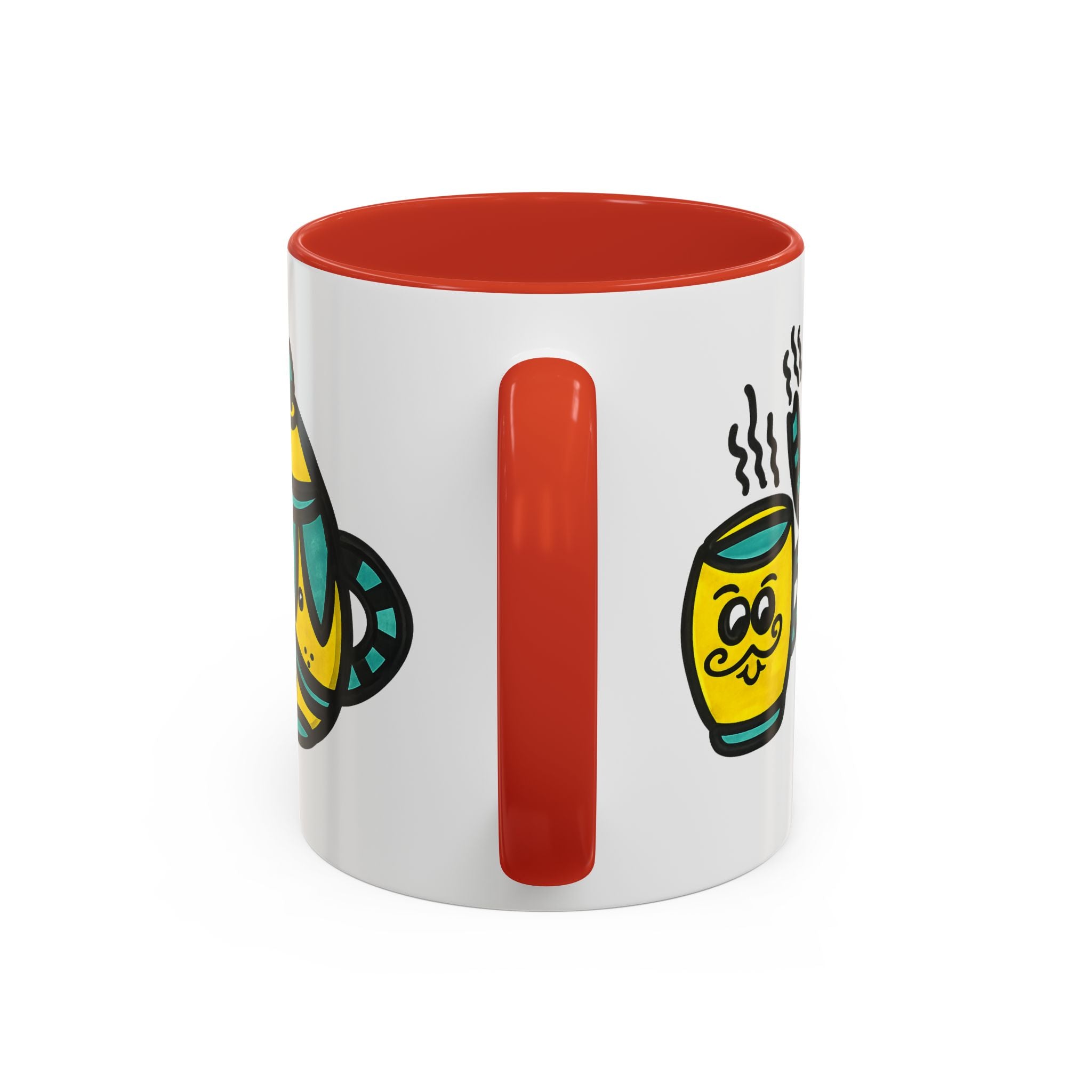 Hand-Drawn Yellow and Teal Mustache Teapot and Smiling Cup Mug | Accent Coffee Mug