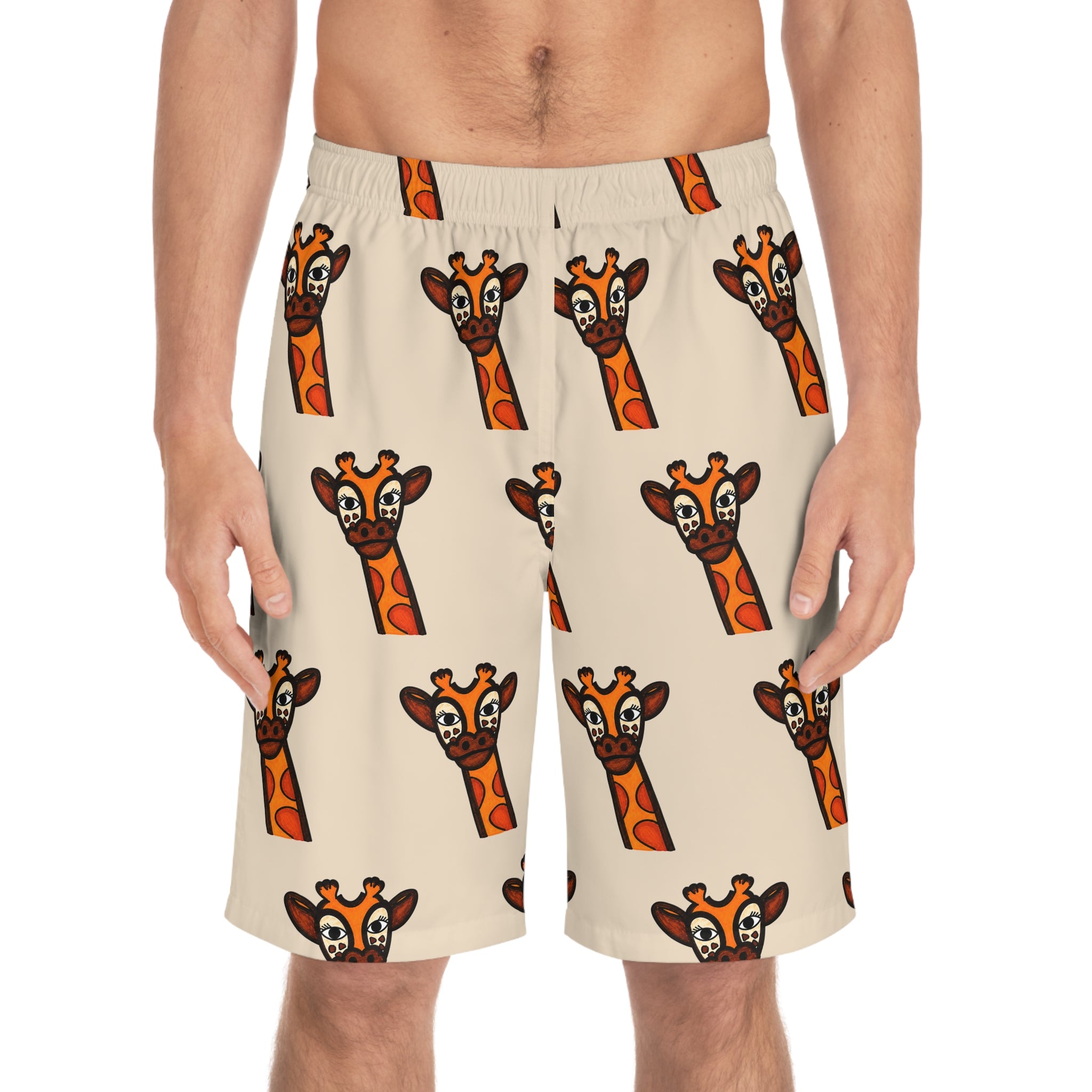 Hand-Drawn Cute Giraffe Pattern Board Shorts | All-Over Print Swim Trunks