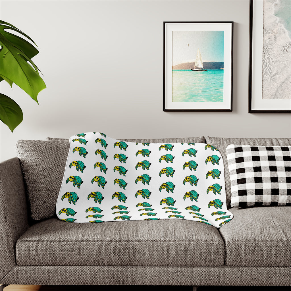 Hand-Drawn Green and Yellow Turtle Pattern Sherpa Blanket | Repeating Sea Turtle Design, Cozy Ocean Throw