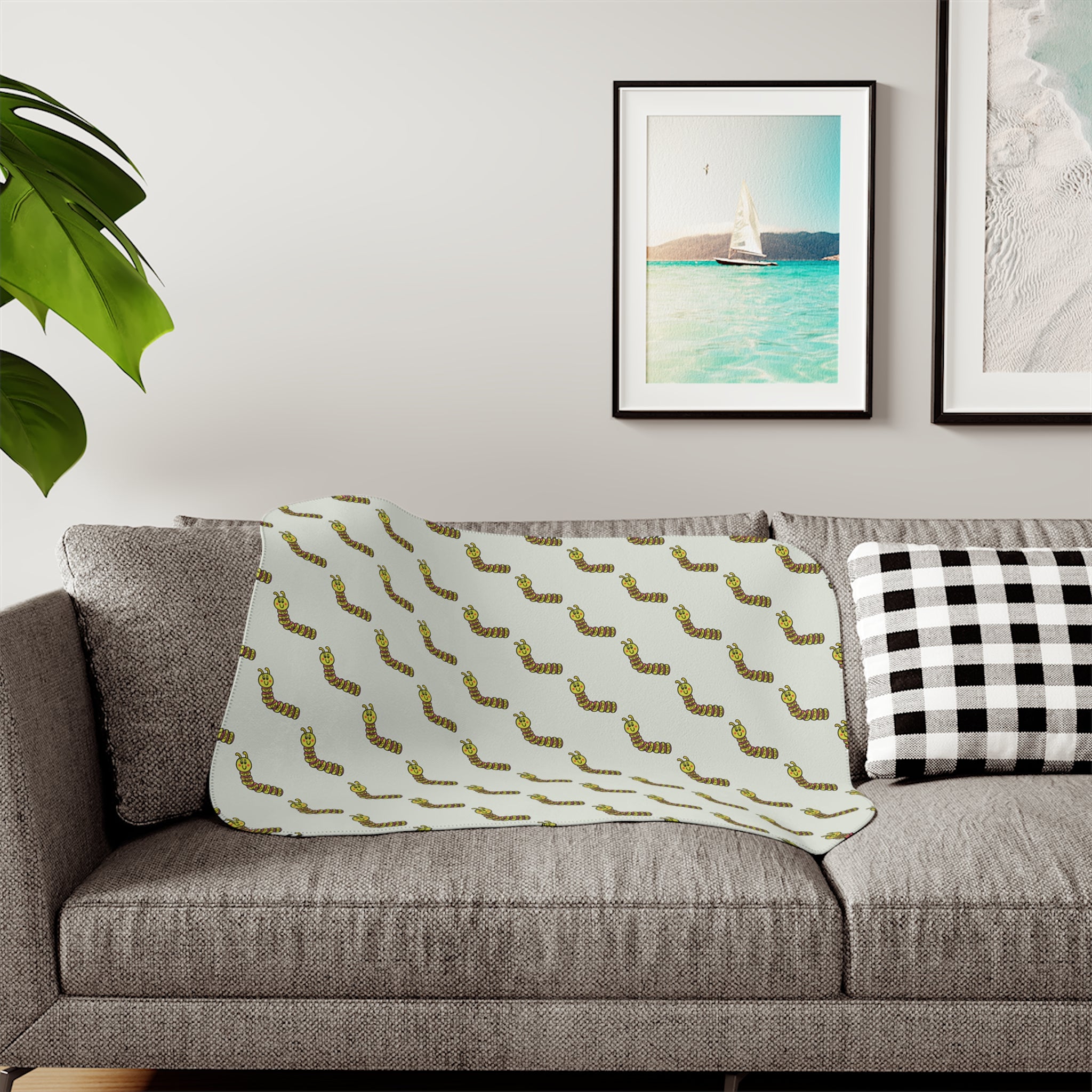 Hand-Drawn Green Pink Yellow Caterpillar Pattern Sherpa Blanket | Cozy Throw
