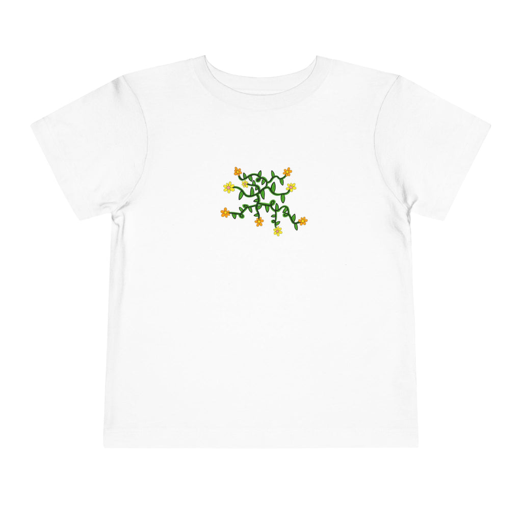 Hand-Drawn Yellow Orange Pink Flowers on Green Vine Toddler Tee | Floral Kids Shirt