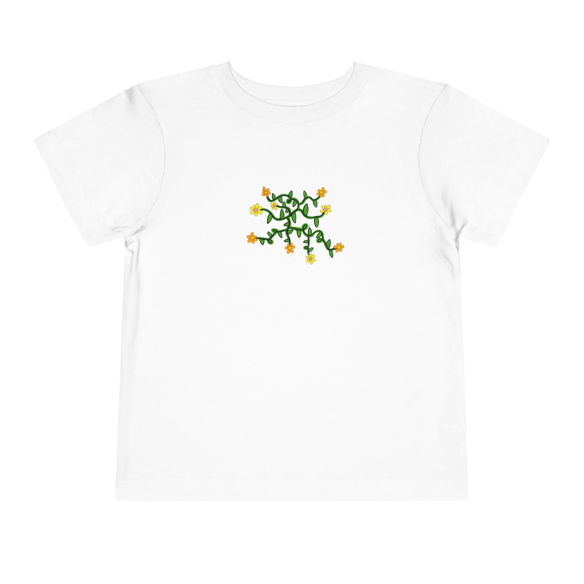 Hand-Drawn Yellow Orange Pink Flowers on Green Vine Toddler Tee | Floral Kids Shirt