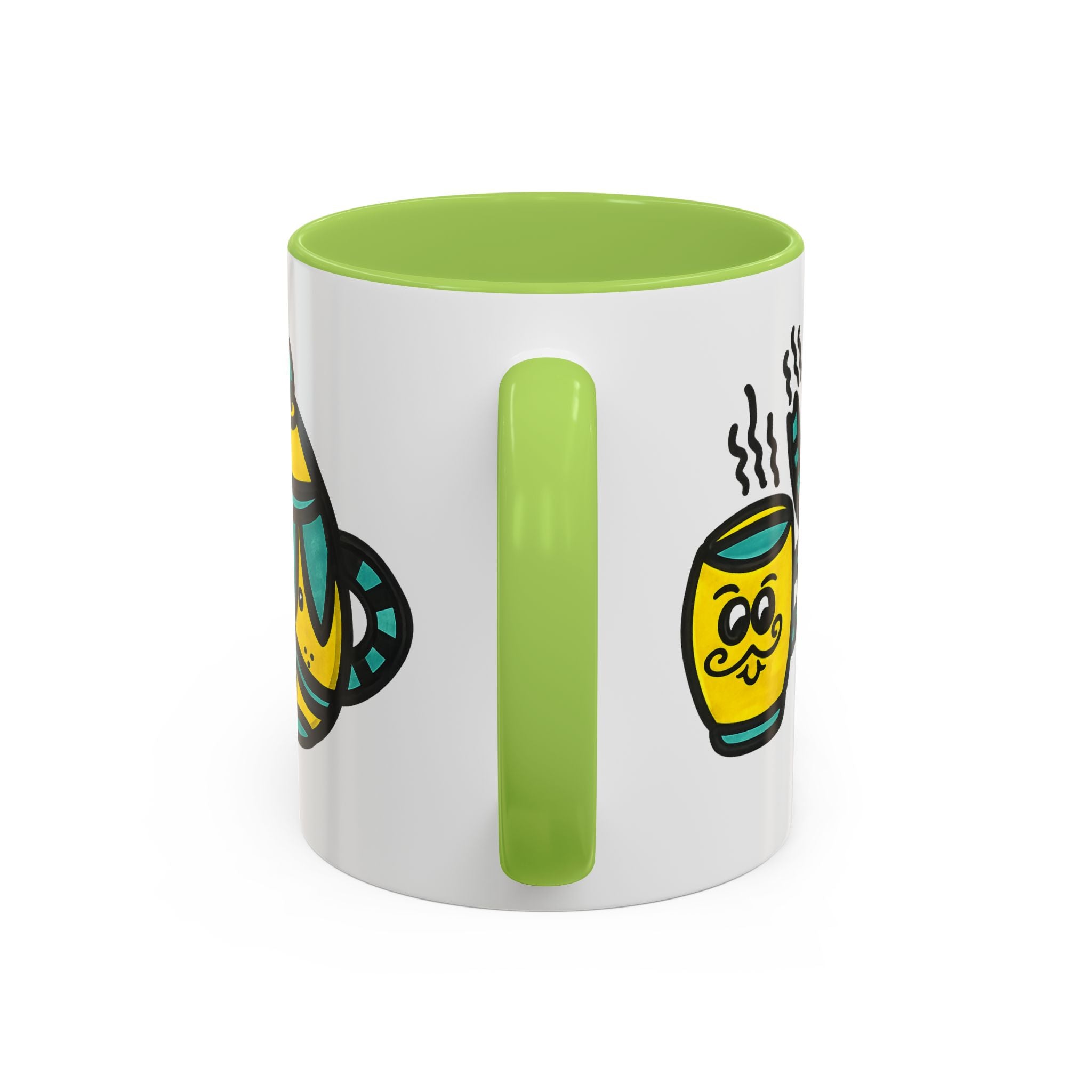 Hand-Drawn Yellow and Teal Mustache Teapot and Smiling Cup Mug | Accent Coffee Mug