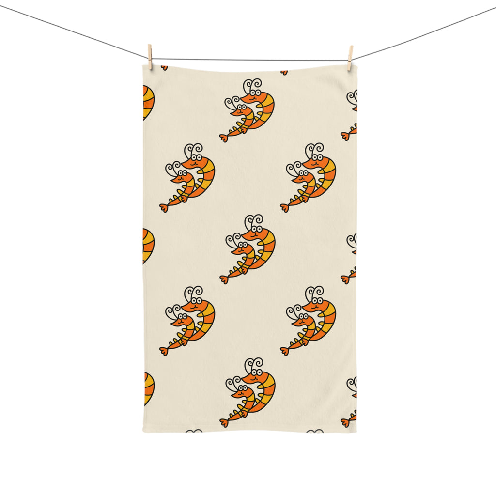 Hand-drawn Orange Shrimp Hand Towel | Nautical Kitchen Towel