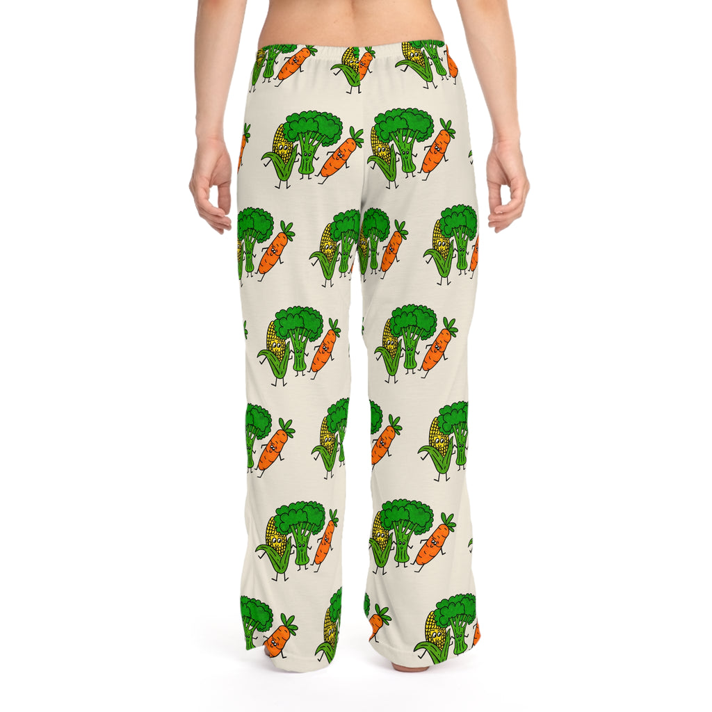 Hand-Drawn Broccoli, Corn, and Carrot Pattern Pajama Pants | Vegetable Print Lounge Pants