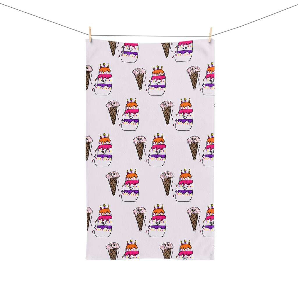 Hand-Drawn Ice Cream Cone and Cake Pattern Hand Towel | Colorful Sprinkles Birthday Dessert Design