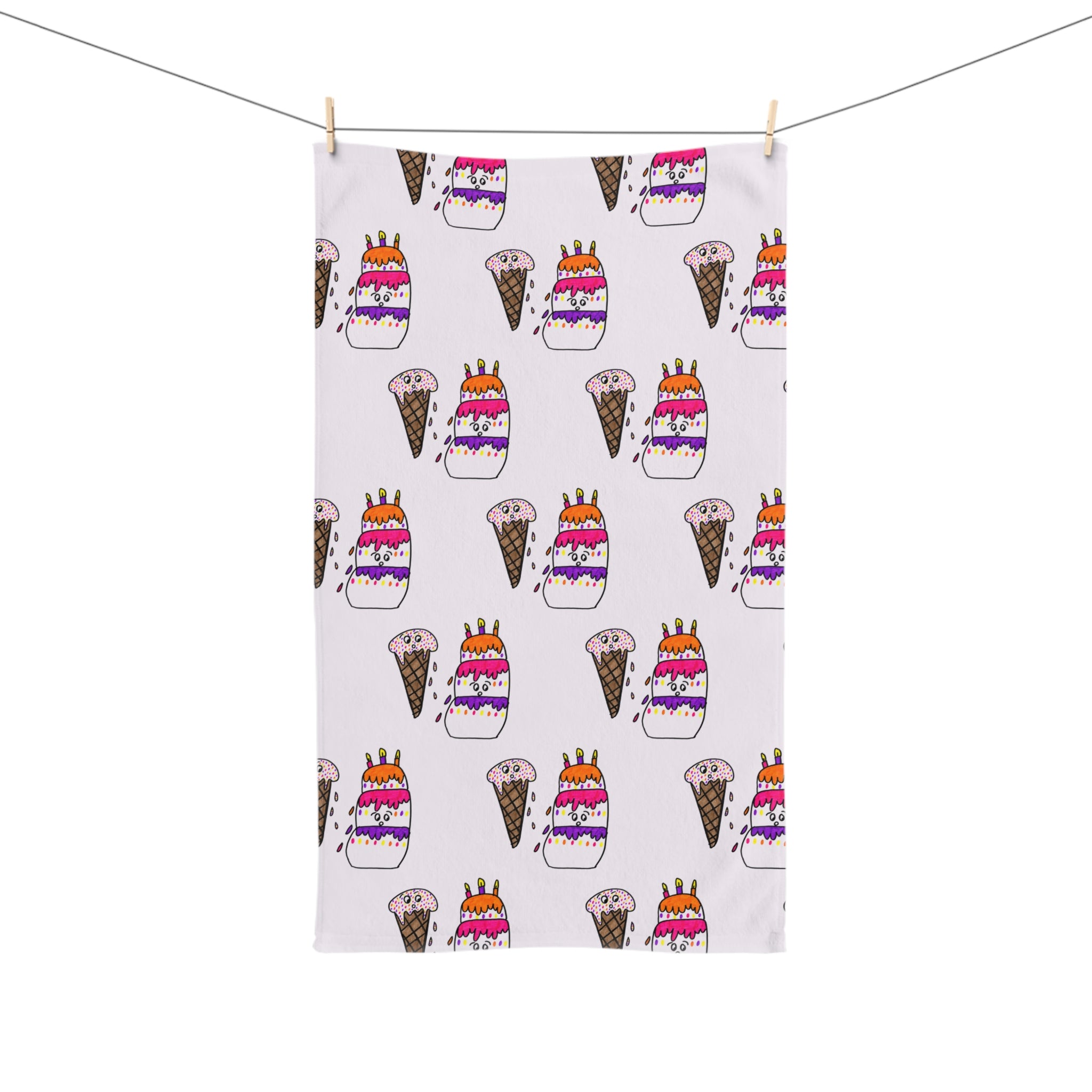 Hand-Drawn Ice Cream Cone and Cake Pattern Hand Towel | Colorful Sprinkles Birthday Dessert Design