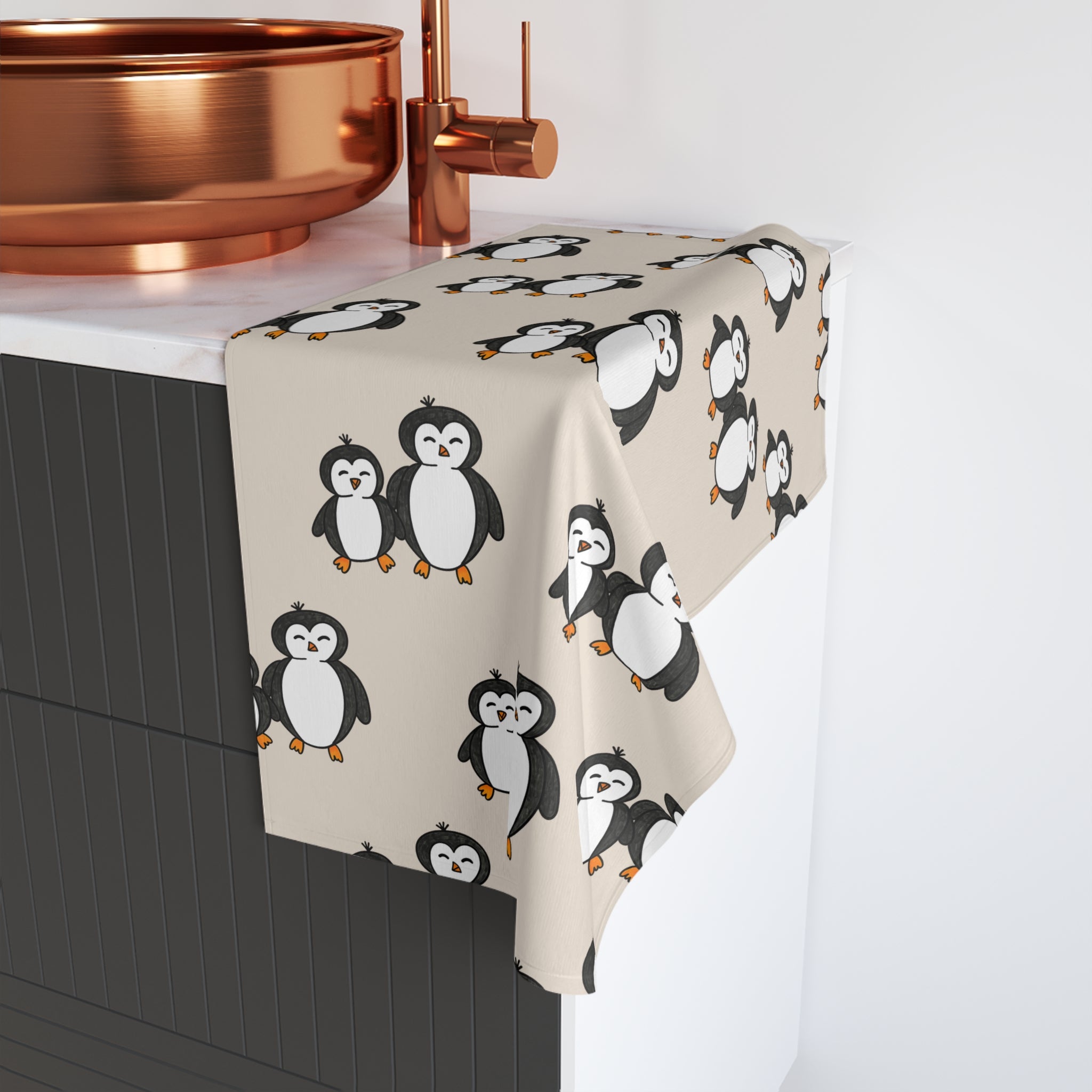 Hand-Drawn Cute Penguin Pattern Hand Towel | Cartoon Penguins Kitchen or Bathroom