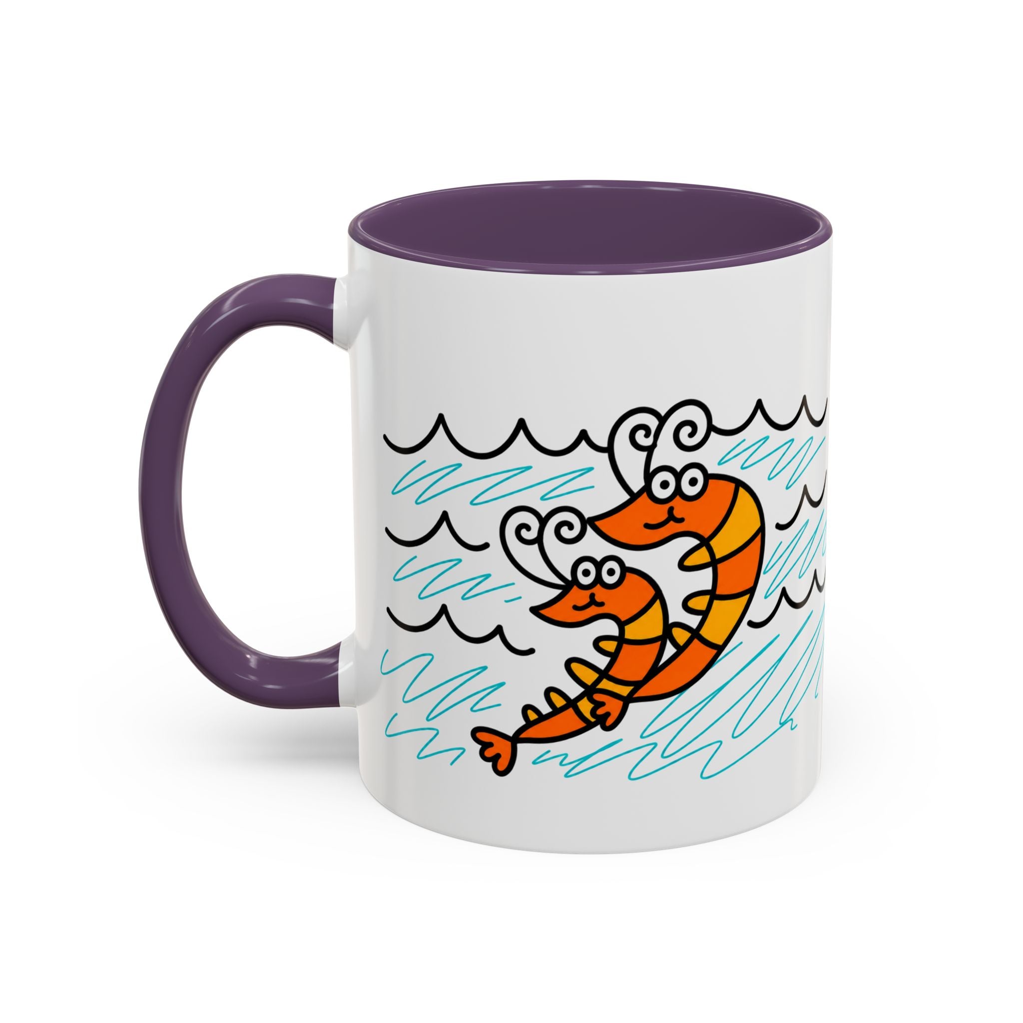 Hand-Drawn Two Shrimp Ocean Waves Mug | Coastal Seafood Ceramic Coffee Mug