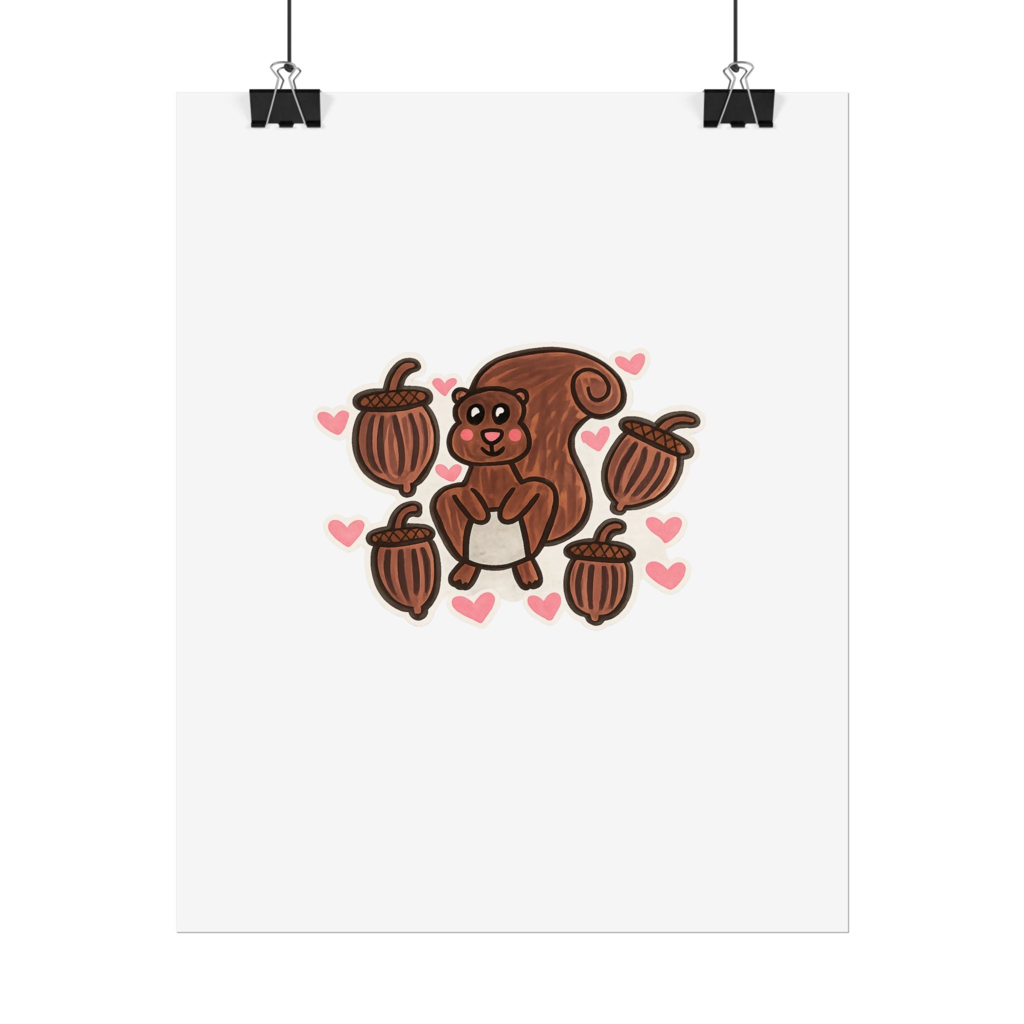 Hand-Drawn Cute Squirrel with Acorns Poster | Rolled Poster, Cute Woodland Animal Art