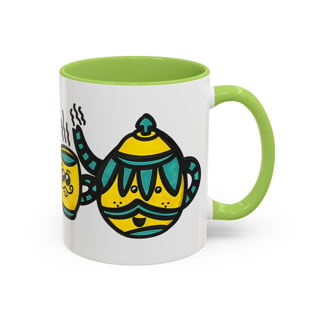 Hand-Drawn Yellow and Teal Mustache Teapot and Smiling Cup Mug | Accent Coffee Mug