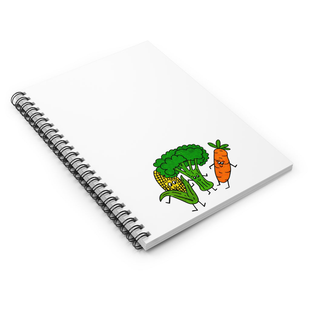 Hand-Drawn Dancing Veggies Spiral Notebook | Corn Broccoli Carrot Ruled Journal